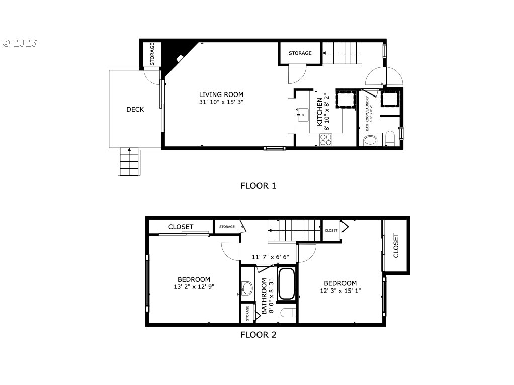 Two-story floor plan with a first-floor deck and living area, and two bedrooms upstairs.