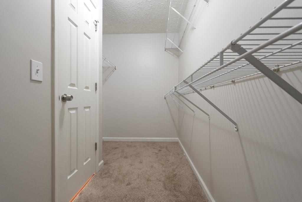 Empty walk-in closet with beige carpet and white wire shelving along the walls.