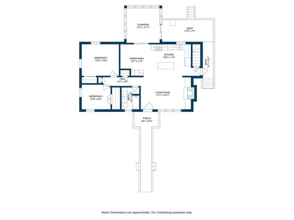 Floor plan showing two bedrooms, living and dining areas, kitchen, sunroom, porch, and decks.