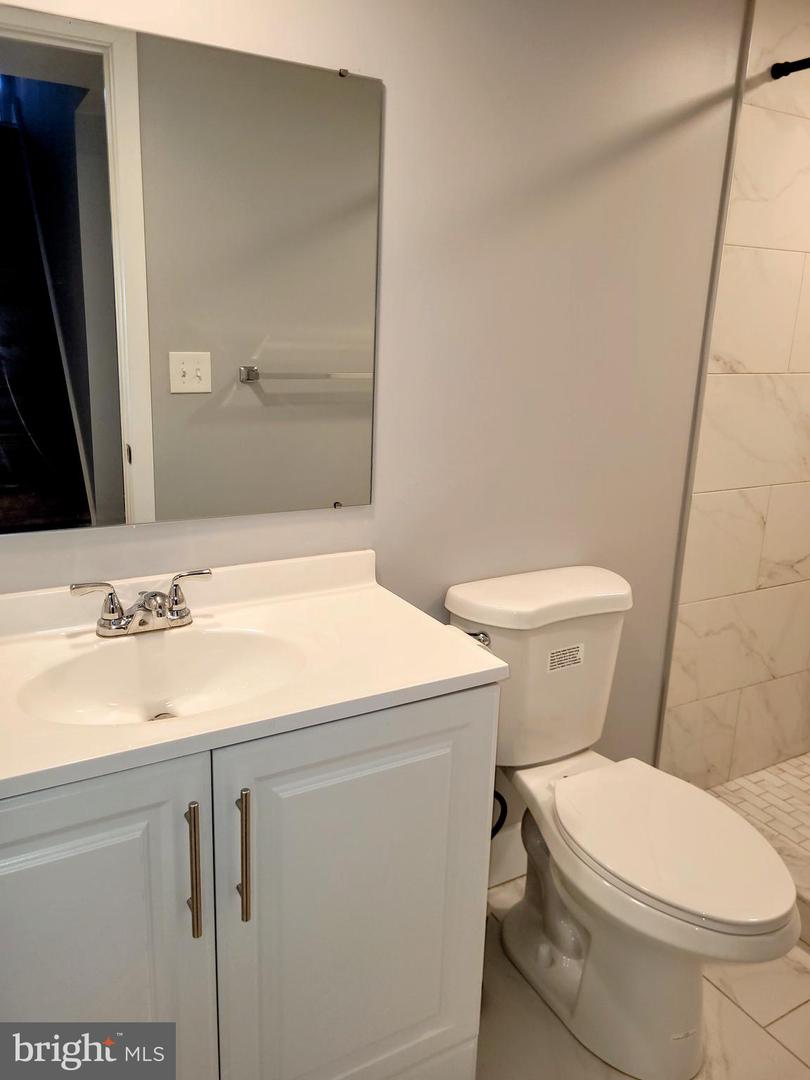 Bathroom with a white vanity, large mirror, toilet, and tiled shower.