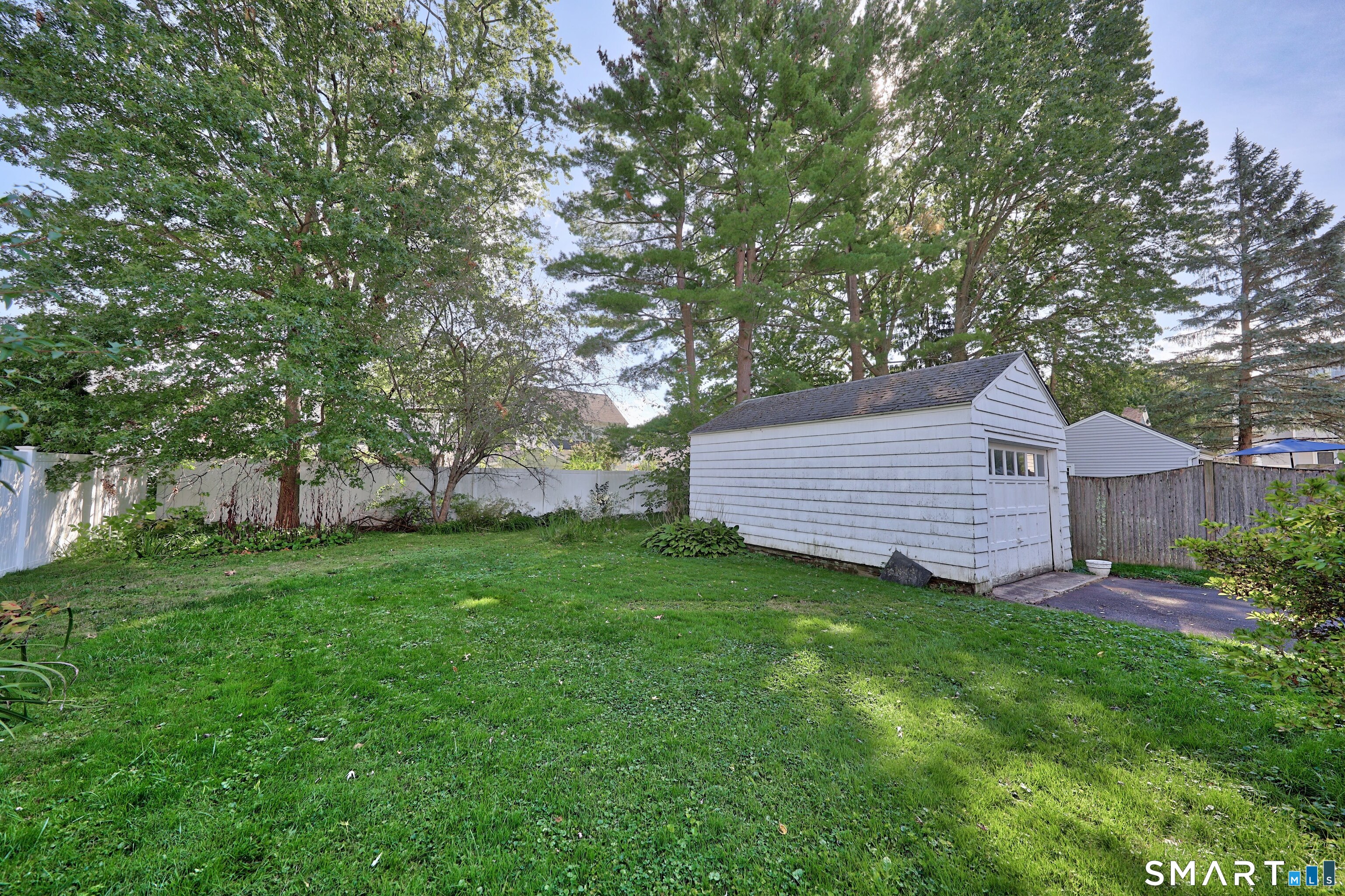 Backyard lawn with mature trees and a white shingled shed beside a paved path.