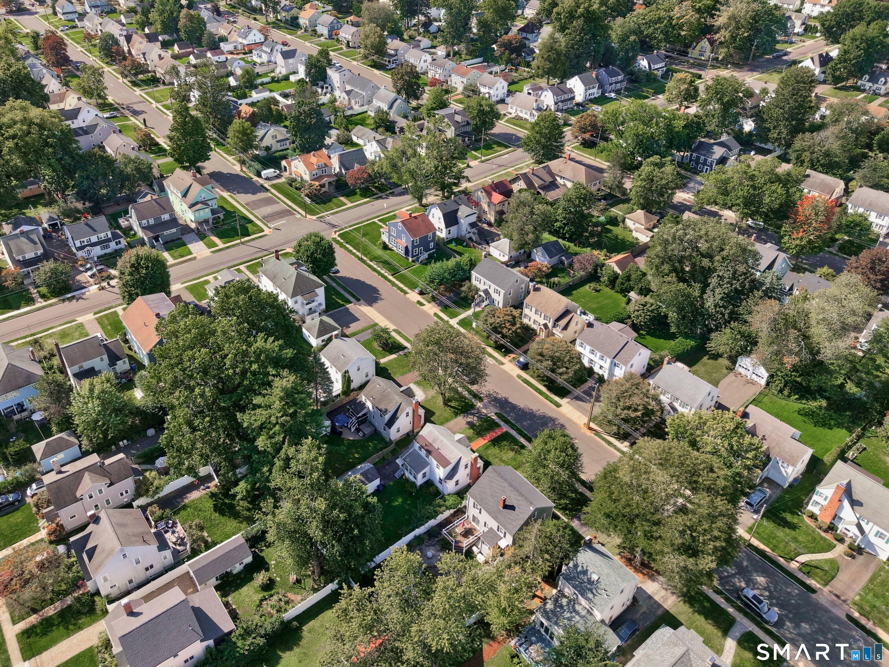Aerial view of a leafy neighborhood with detached homes and intersecting streets.