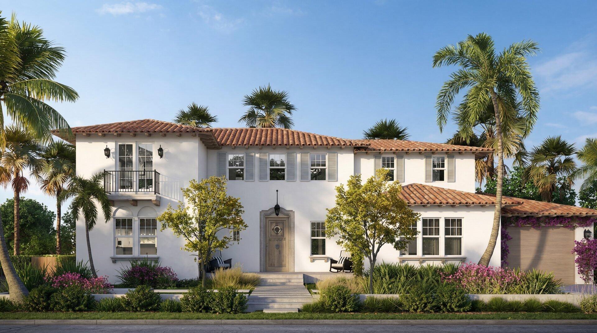 White two-story home with terracotta tile roof, balcony, and tropical landscaping.