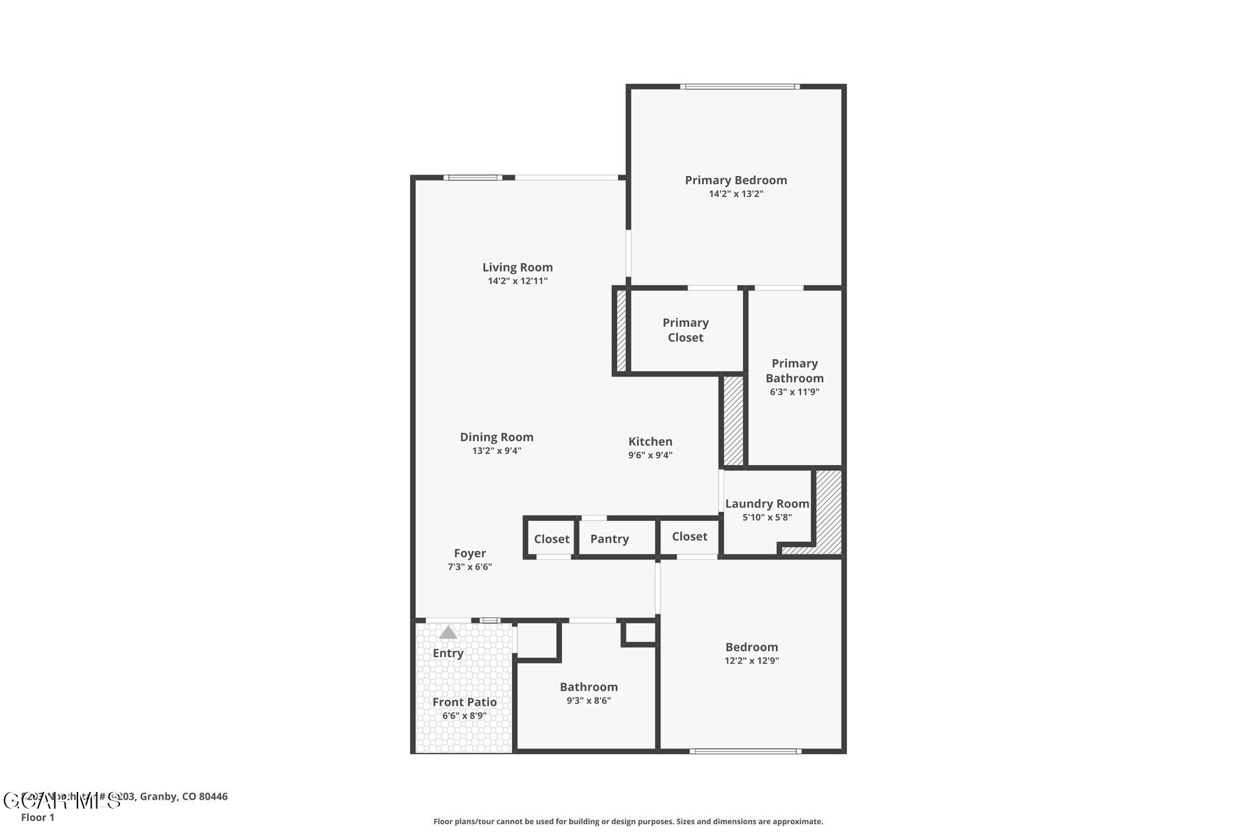 Floor plan of 8203 North Star 203, with two bedrooms, two bathrooms, and a front patio.