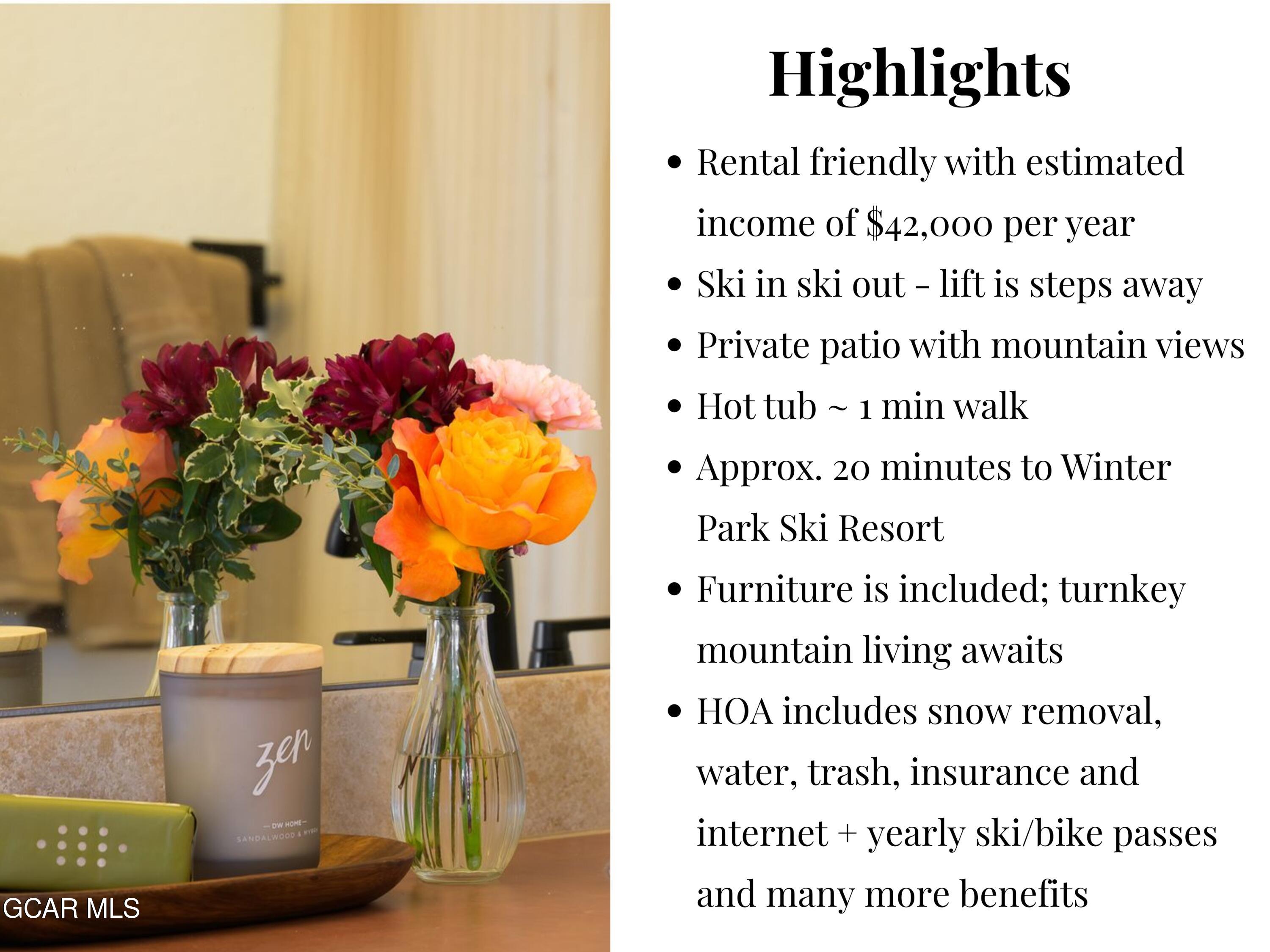 Highlights for 8203 North Star 203, including rental income, ski access, mountain views, furnishings, and HOA benefits.