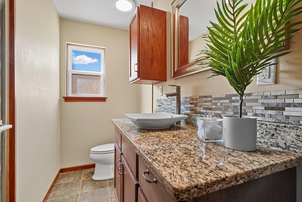 Bathroom with a granite vanity, vessel sink, mosaic backsplash, and potted palm.