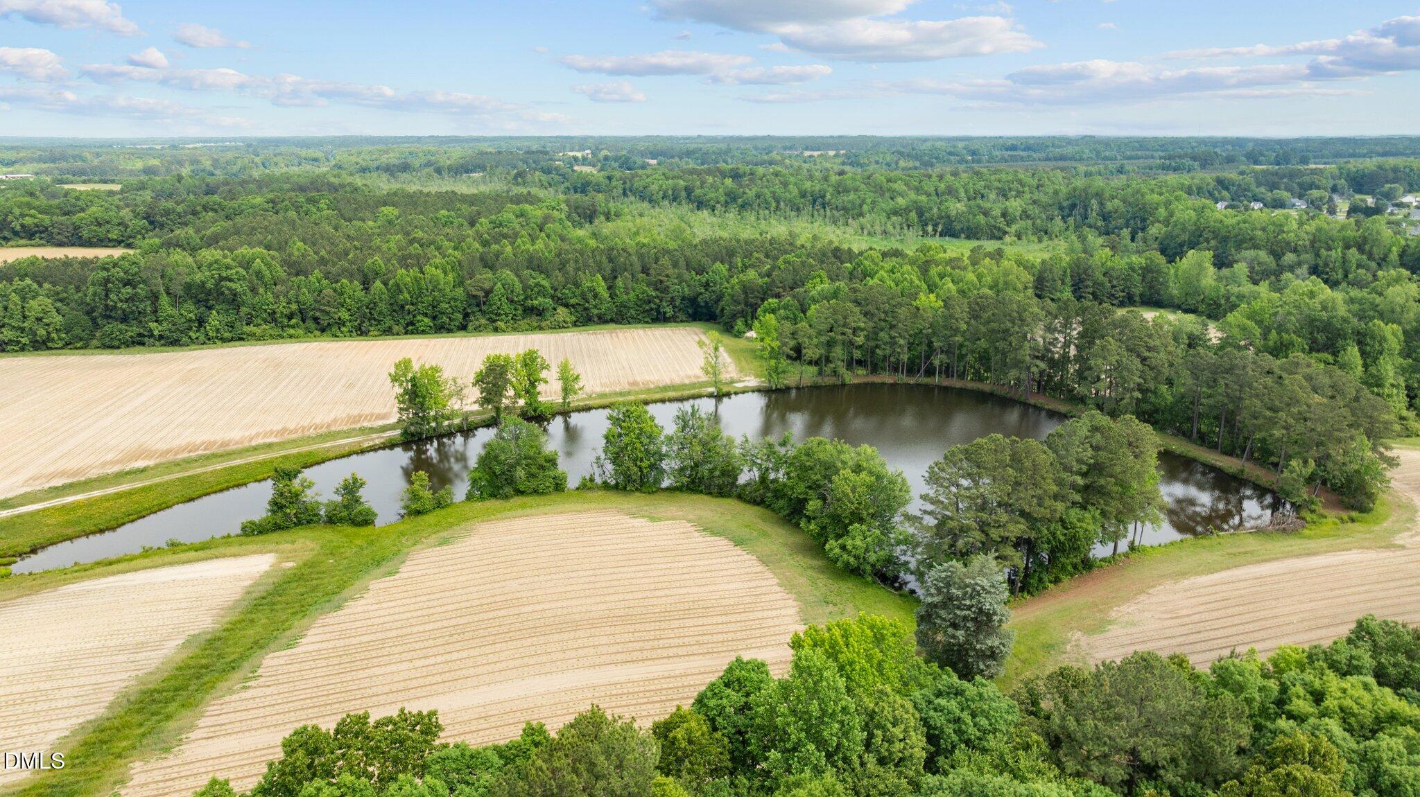Aerial view of a tree-lined pond surrounded by cultivated fields and woodland.