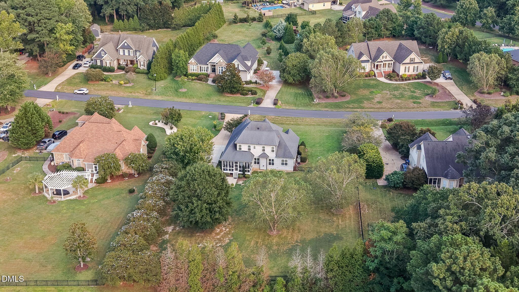 Aerial view of detached homes along a residential street with landscaped yards and mature trees.