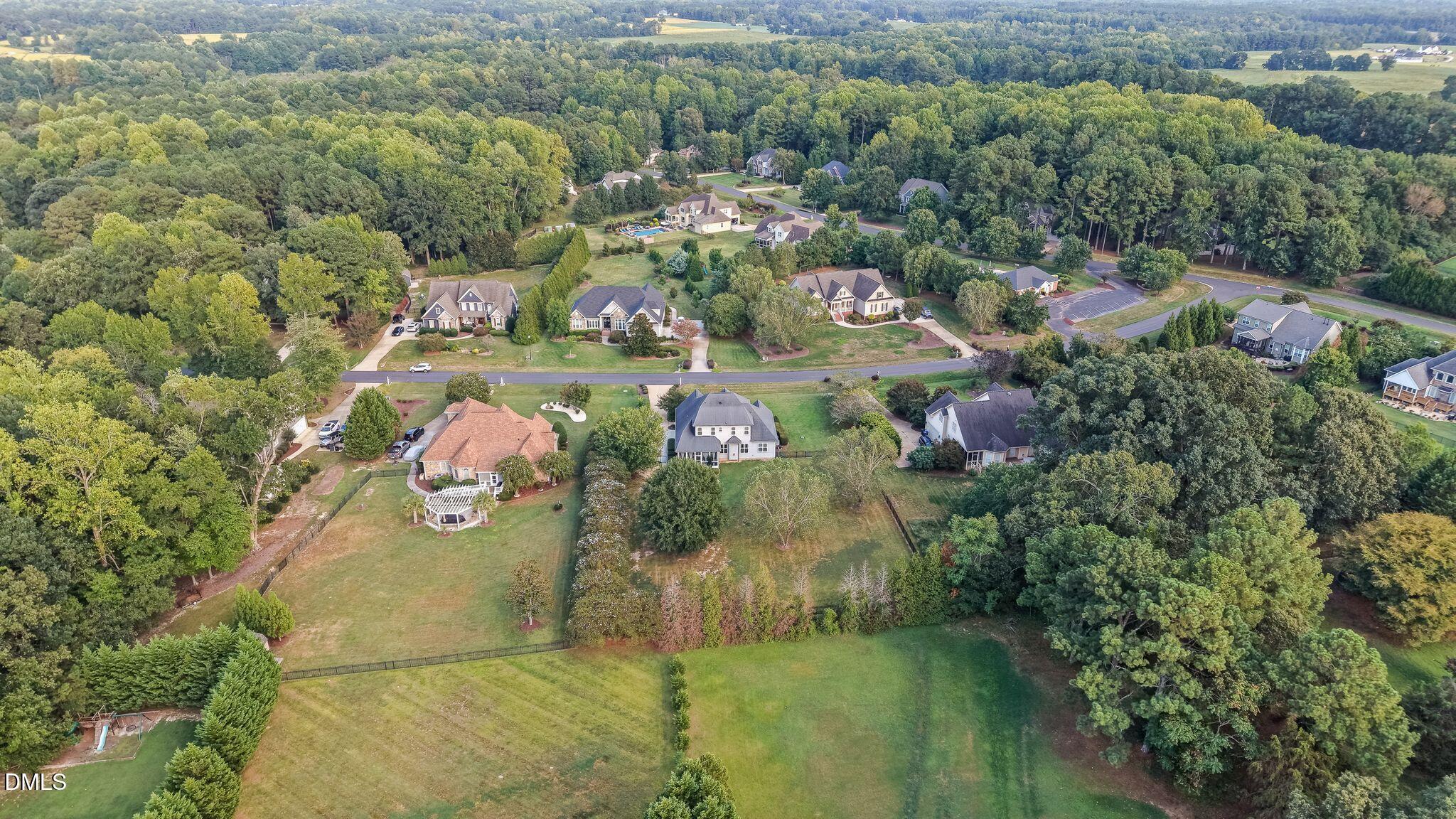 Aerial view of a leafy neighborhood with detached homes, spacious yards, and surrounding woods.