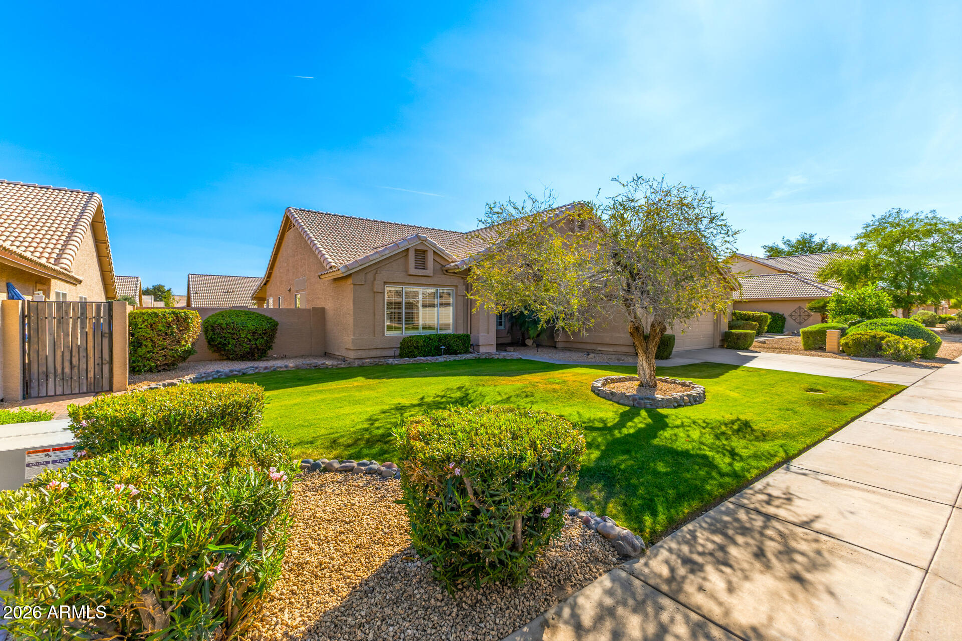 Tan stucco home with tiled roof, green lawn, mature tree, and desert landscaping.