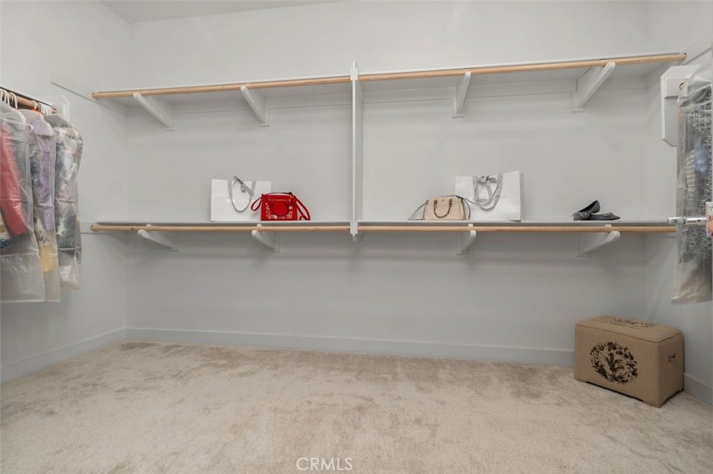 Walk-in closet with long wood hanging rods, upper shelves, carpet, and clothes in garment bags.