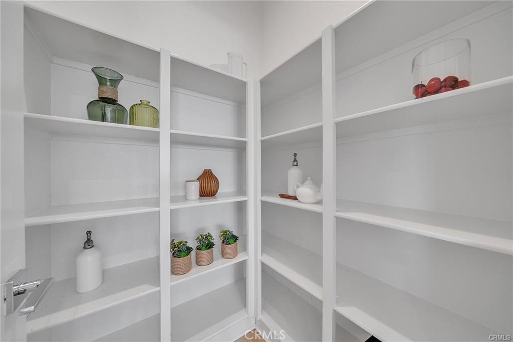 Walk-in pantry with white built-in shelving and a few plants and decorative vases.