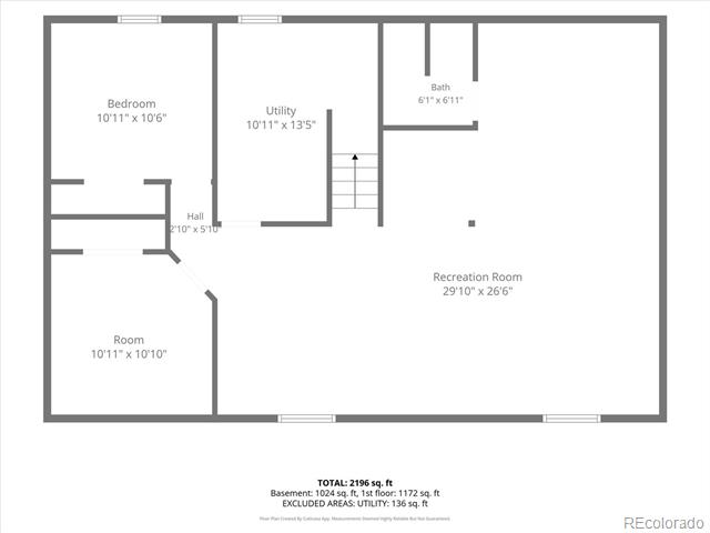Basement floor plan with recreation room, bedroom, utility room, bath, hall, and an additional room.