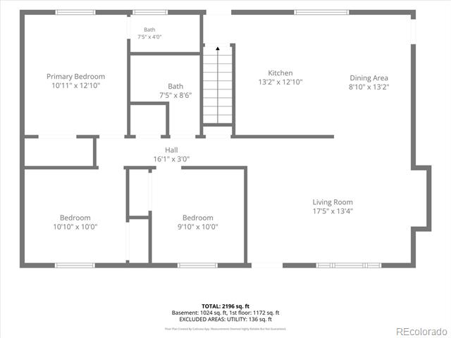 Floor plan showing three bedrooms, two baths, kitchen, dining area, and living room.