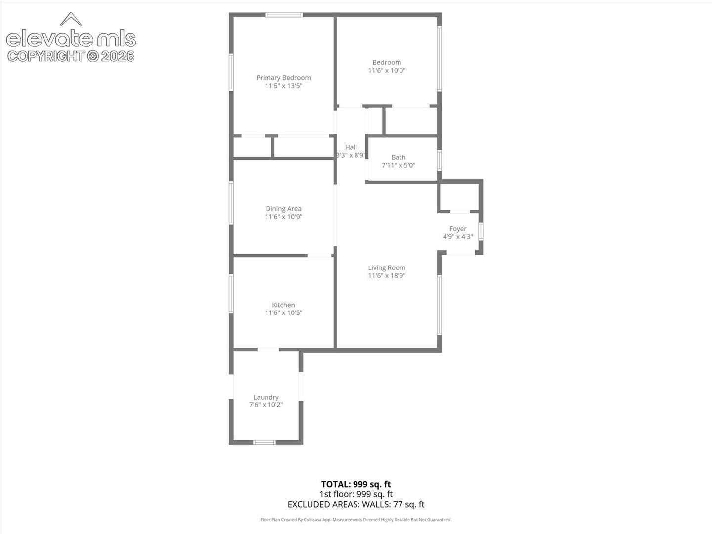 Floor plan showing two bedrooms, bathroom, living room, kitchen, dining area, foyer, and laundry; 999 square feet.