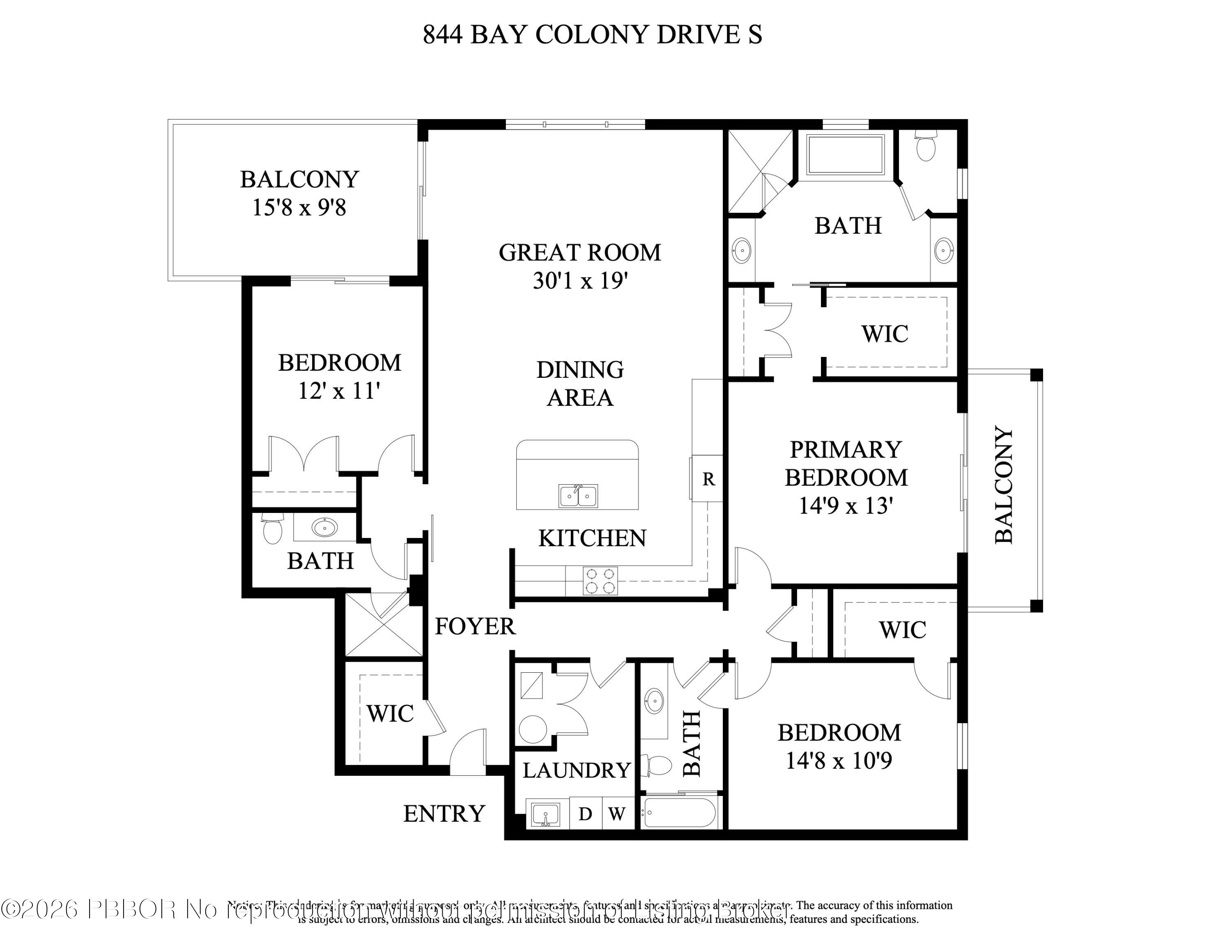 Floor plan for 844 Bay Colony Drive S with two bedrooms, a great room, and two balconies.