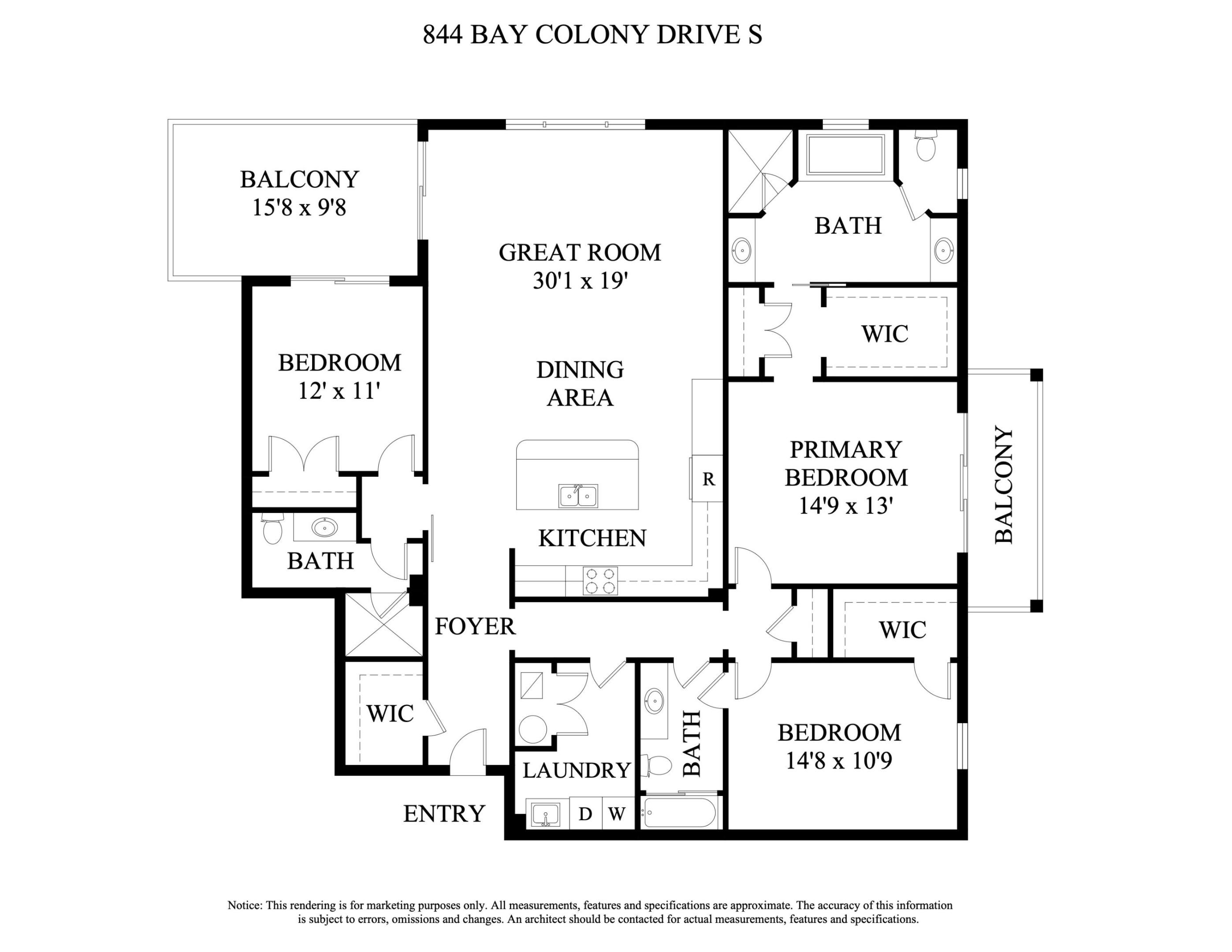 Floor plan of 844 Bay Colony Drive S, with three bedrooms, a great room, kitchen, laundry, and two balconies.