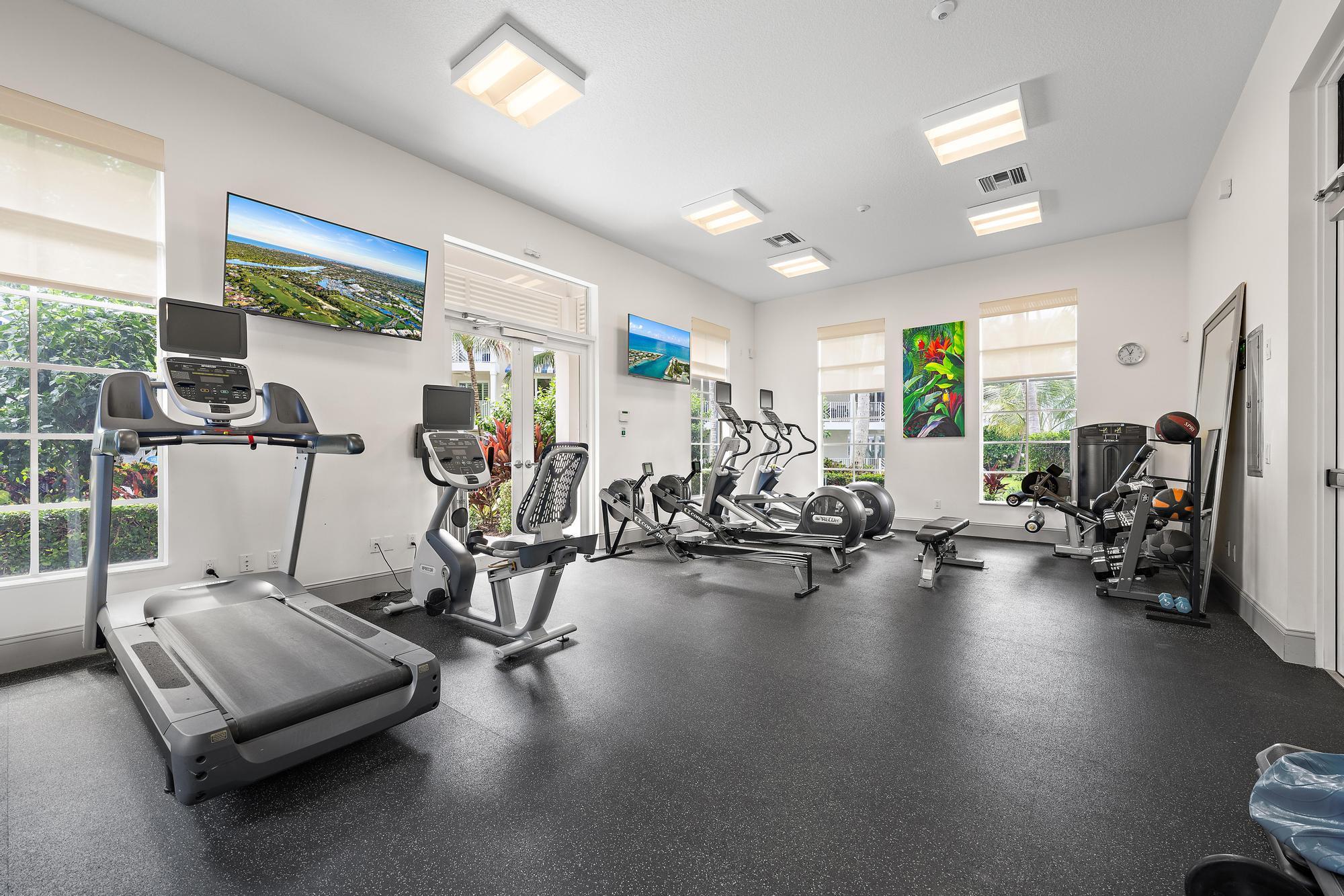 Bright fitness room with rows of cardio machines and strength equipment beside large windows.