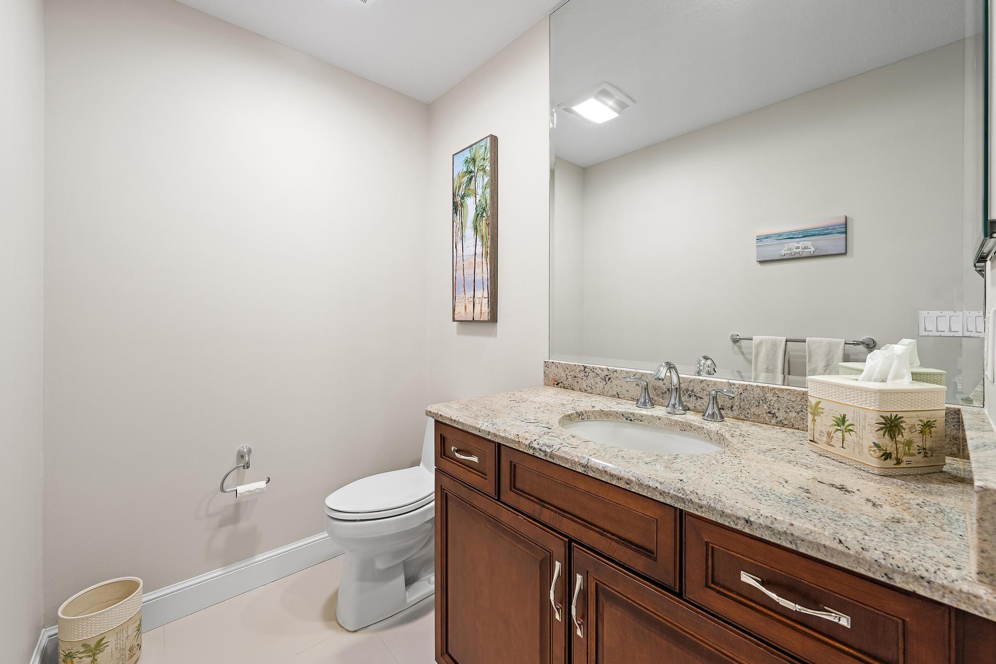 Bathroom vanity with a granite countertop, dark wood cabinets, and a large mirror.