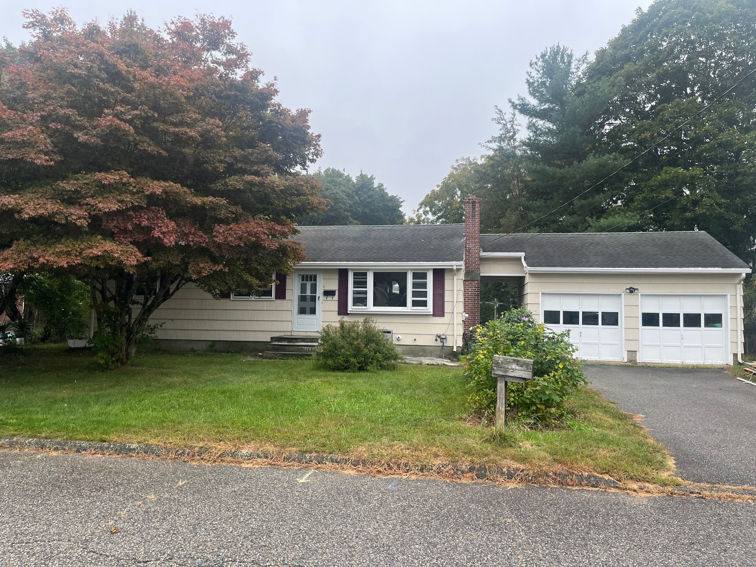 Single-story ranch house with an attached two-car garage, brick chimney, and large autumn tree.