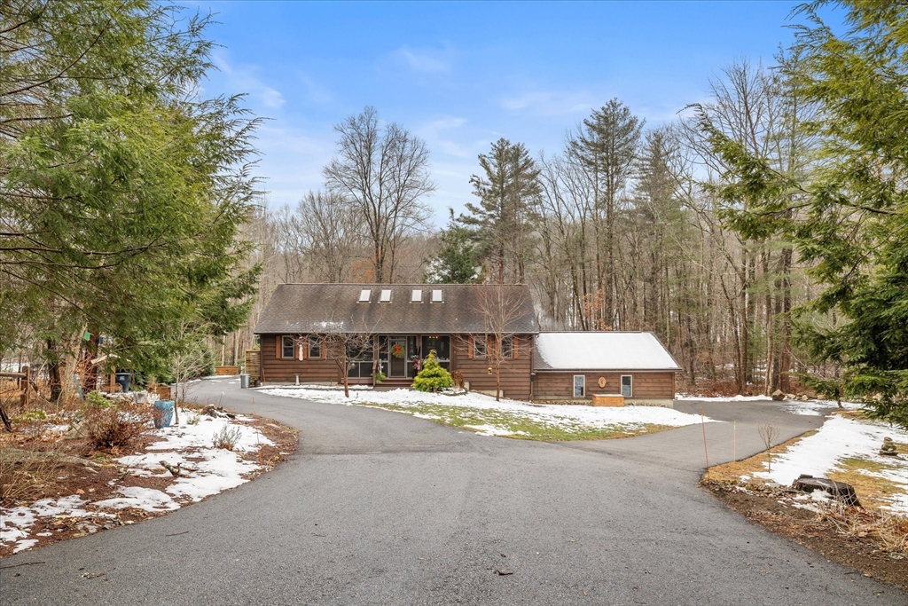 Brown home with roof skylights, a curving driveway, and snow-dusted yard surrounded by trees.