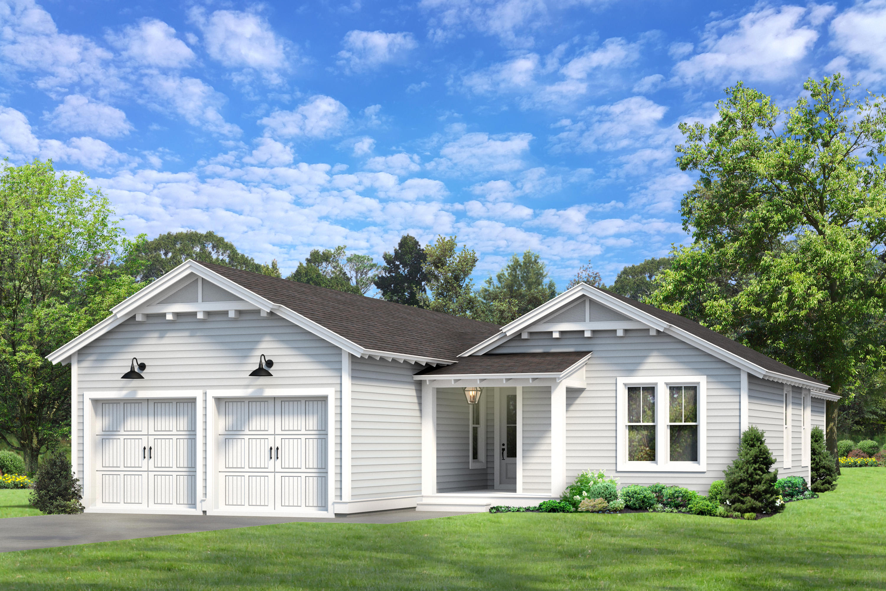Single-story gray house with two garage doors, a covered entry, and landscaped lawn.