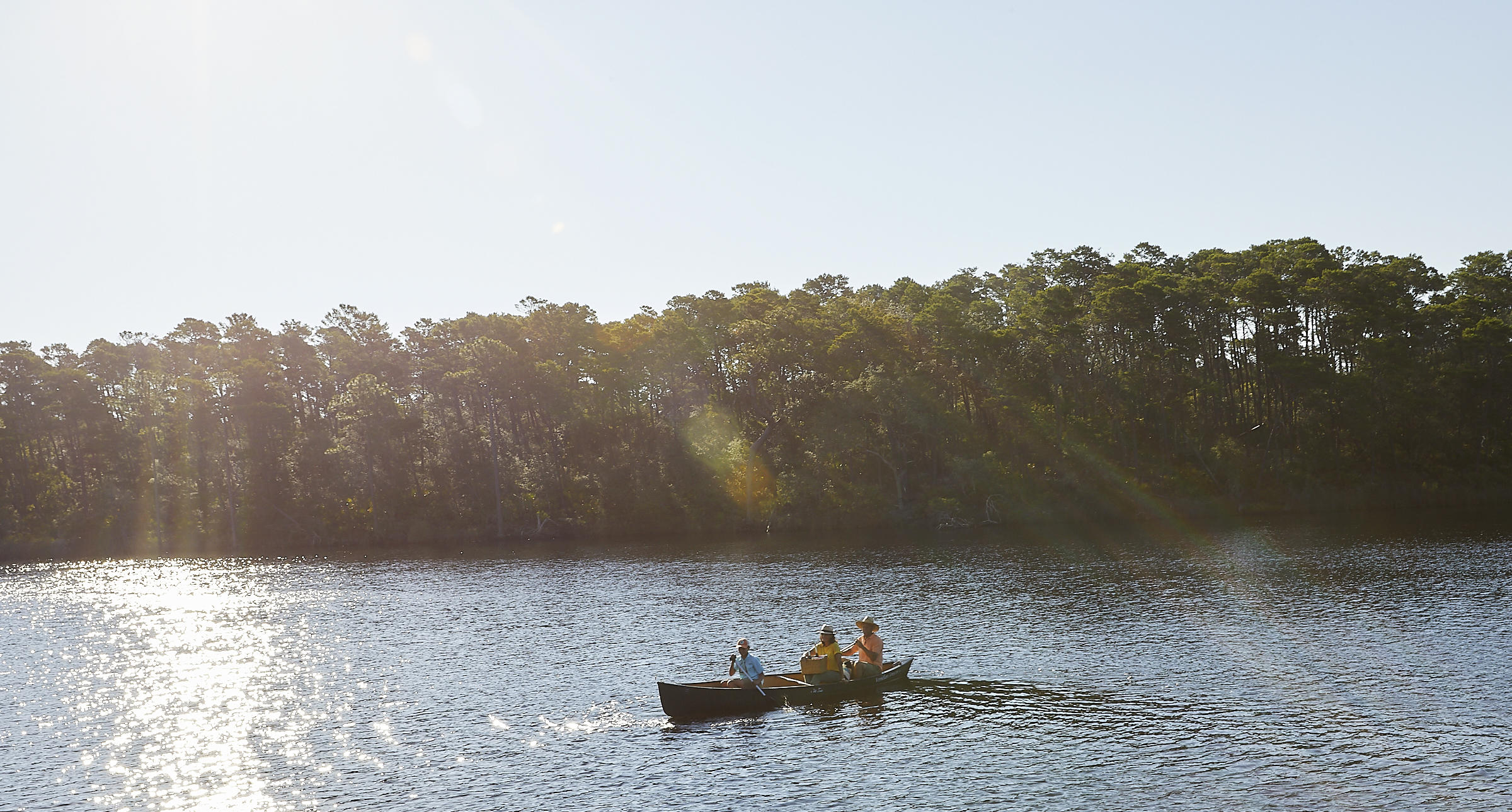 Three people canoe across a sunlit lake beside a wooded shoreline.
