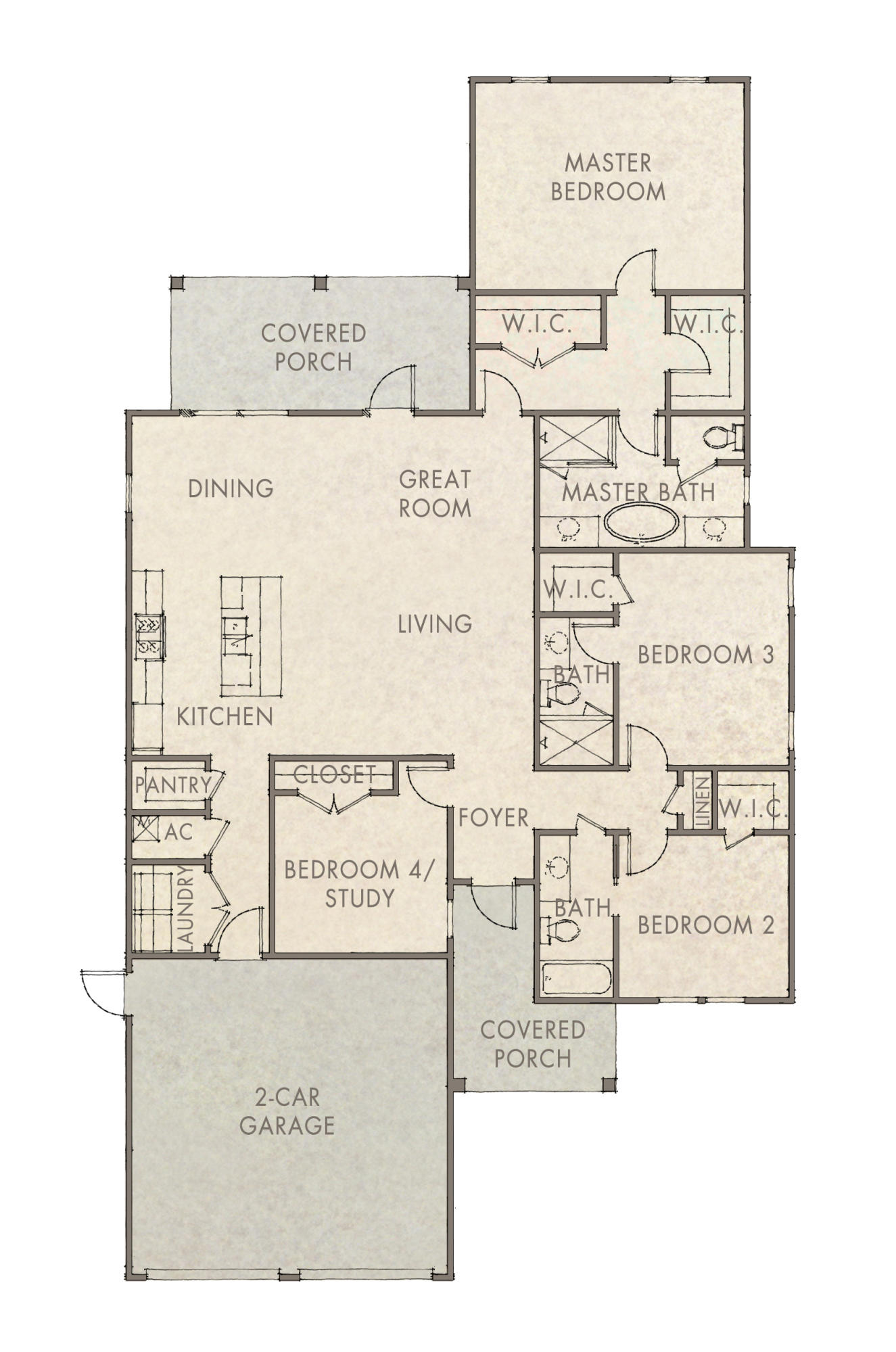 Floor plan with four bedrooms, open living and dining areas, kitchen, two-car garage, and two covered porches.
