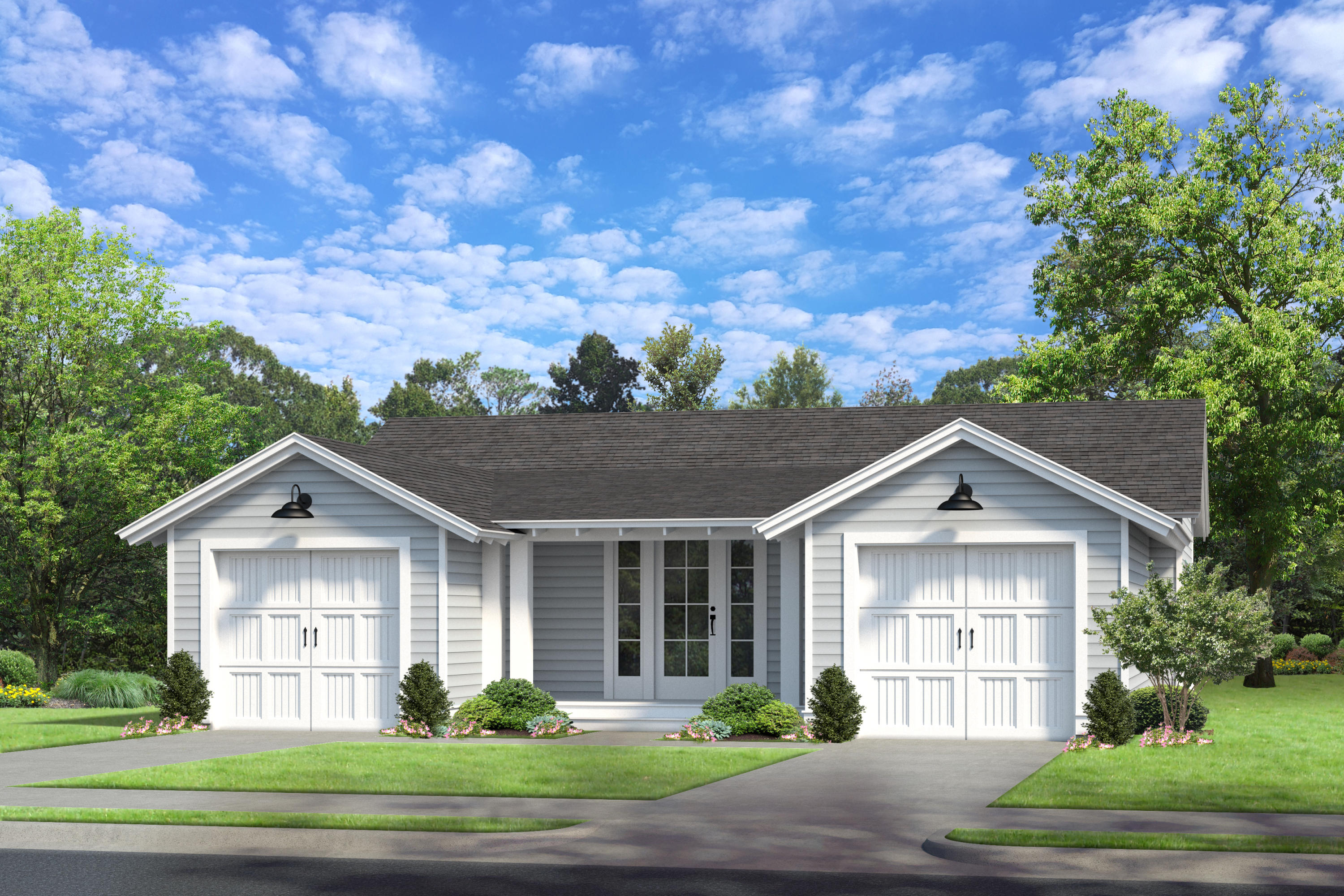 Gray single-story home with two garage doors, a recessed entry, and landscaped front lawn.