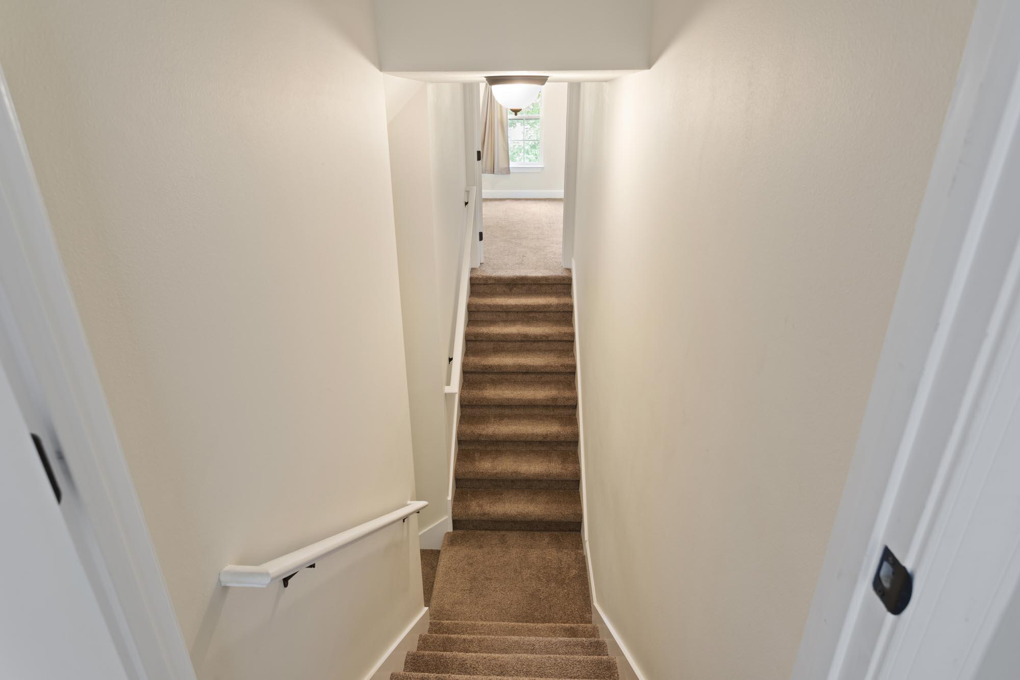 Carpeted staircase with a white handrail leading to a bright landing and window.