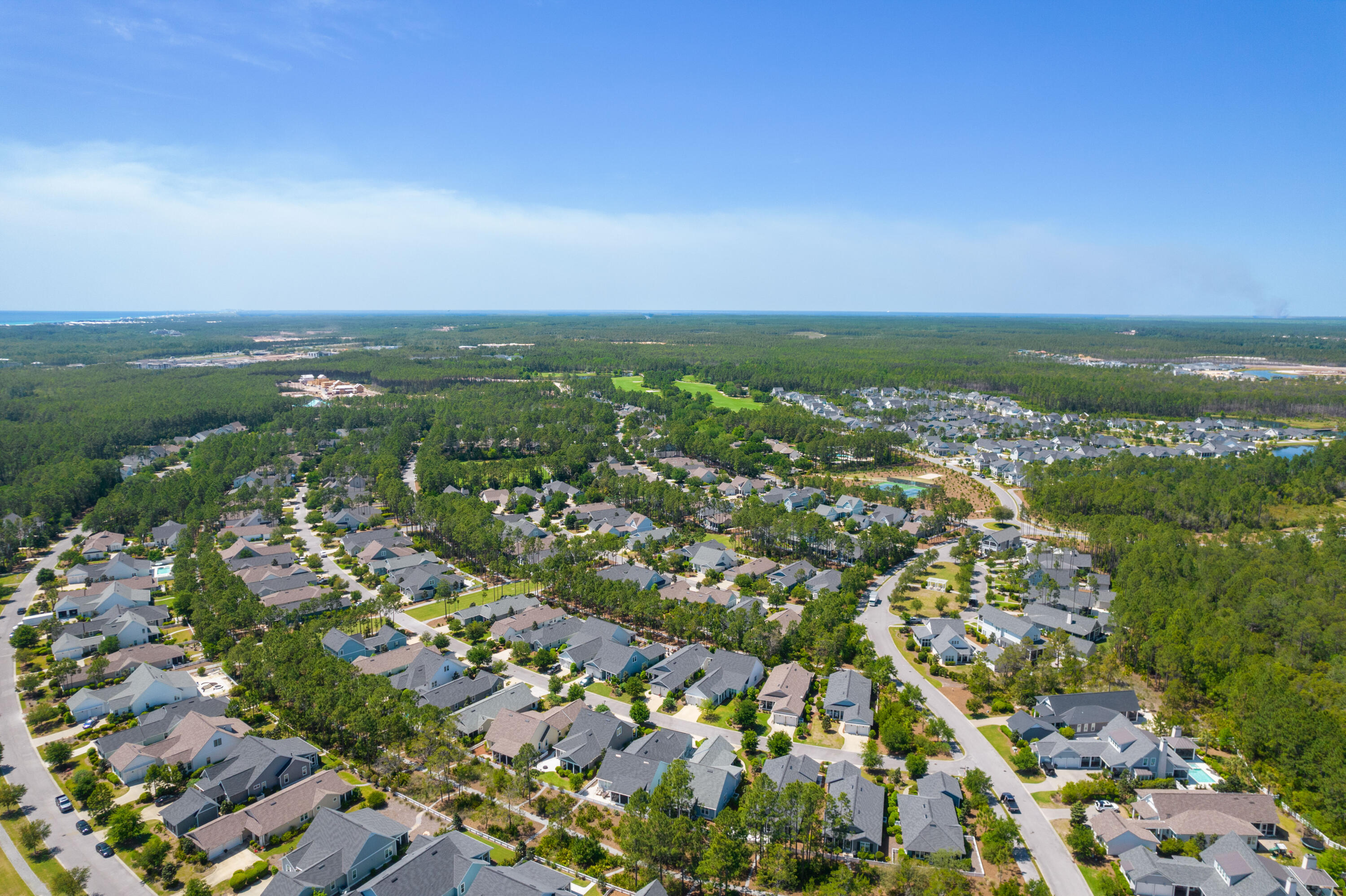Aerial view of a tree-lined neighborhood with a golf course and ocean on the horizon.