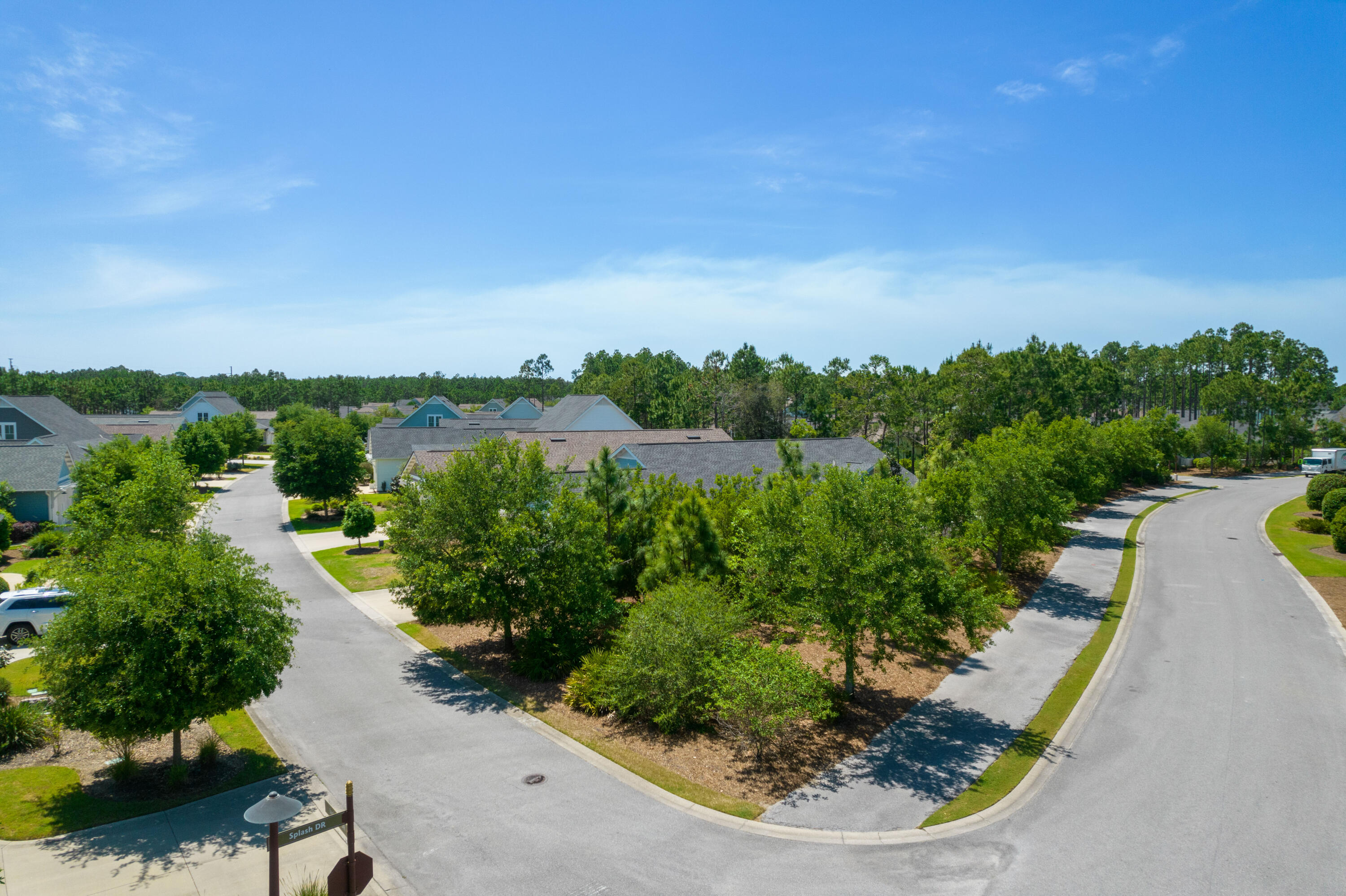 Aerial view of a leafy neighborhood with detached homes and curving streets.