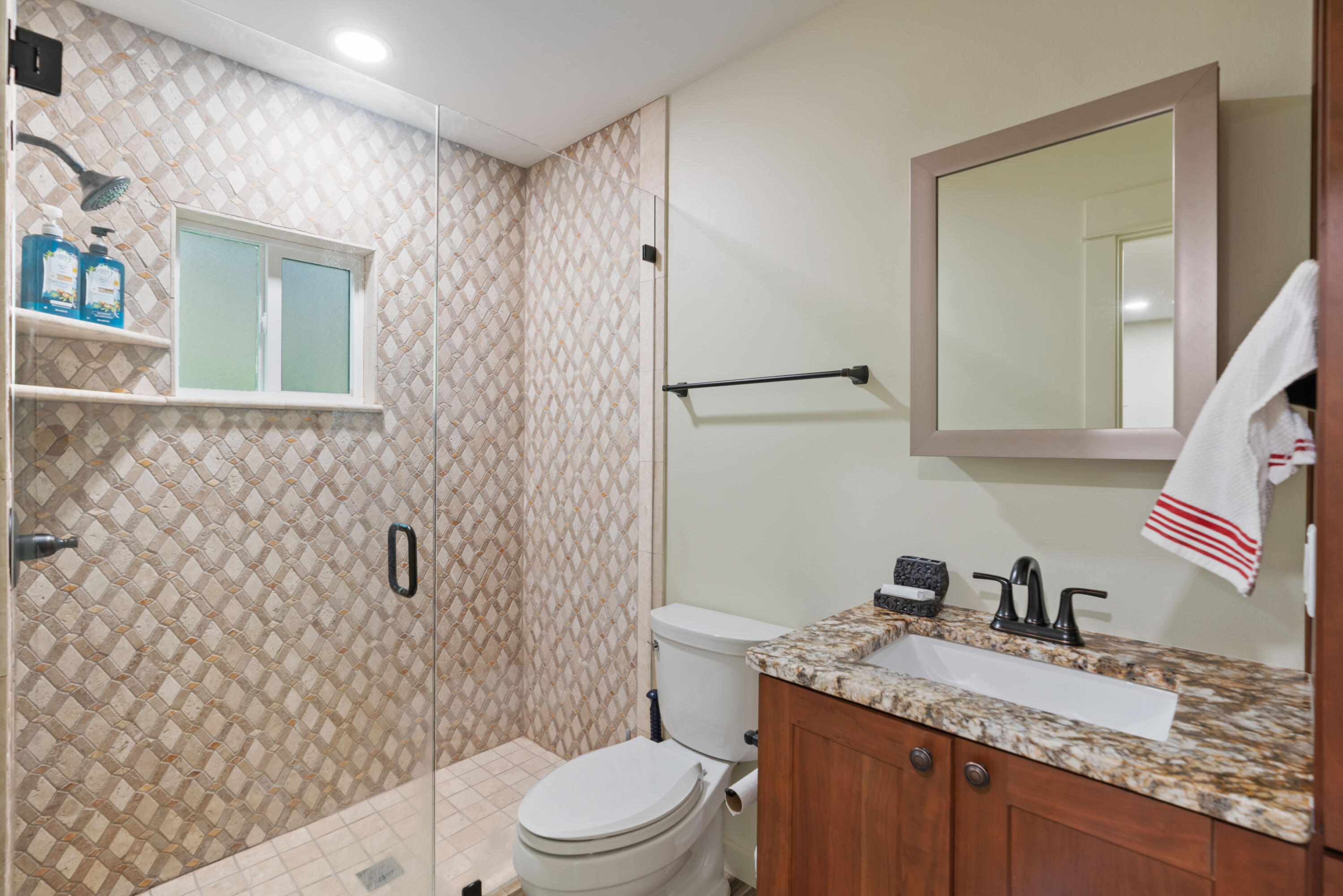 Bathroom with a patterned tile walk-in shower and a wood vanity with granite countertop.
