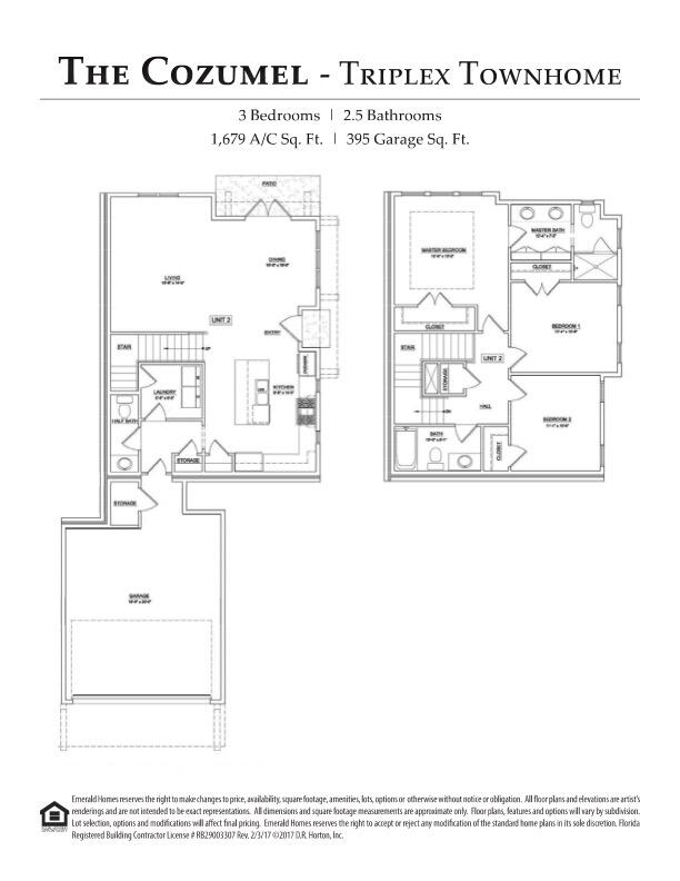 The Cozumel triplex townhome floor plan, showing three bedrooms, two and a half bathrooms, and a garage.