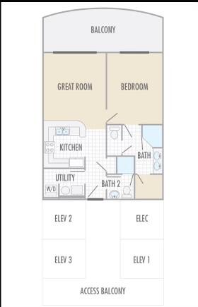 Condominium floor plan with a great room, bedroom, kitchen, two bathrooms, and balcony.