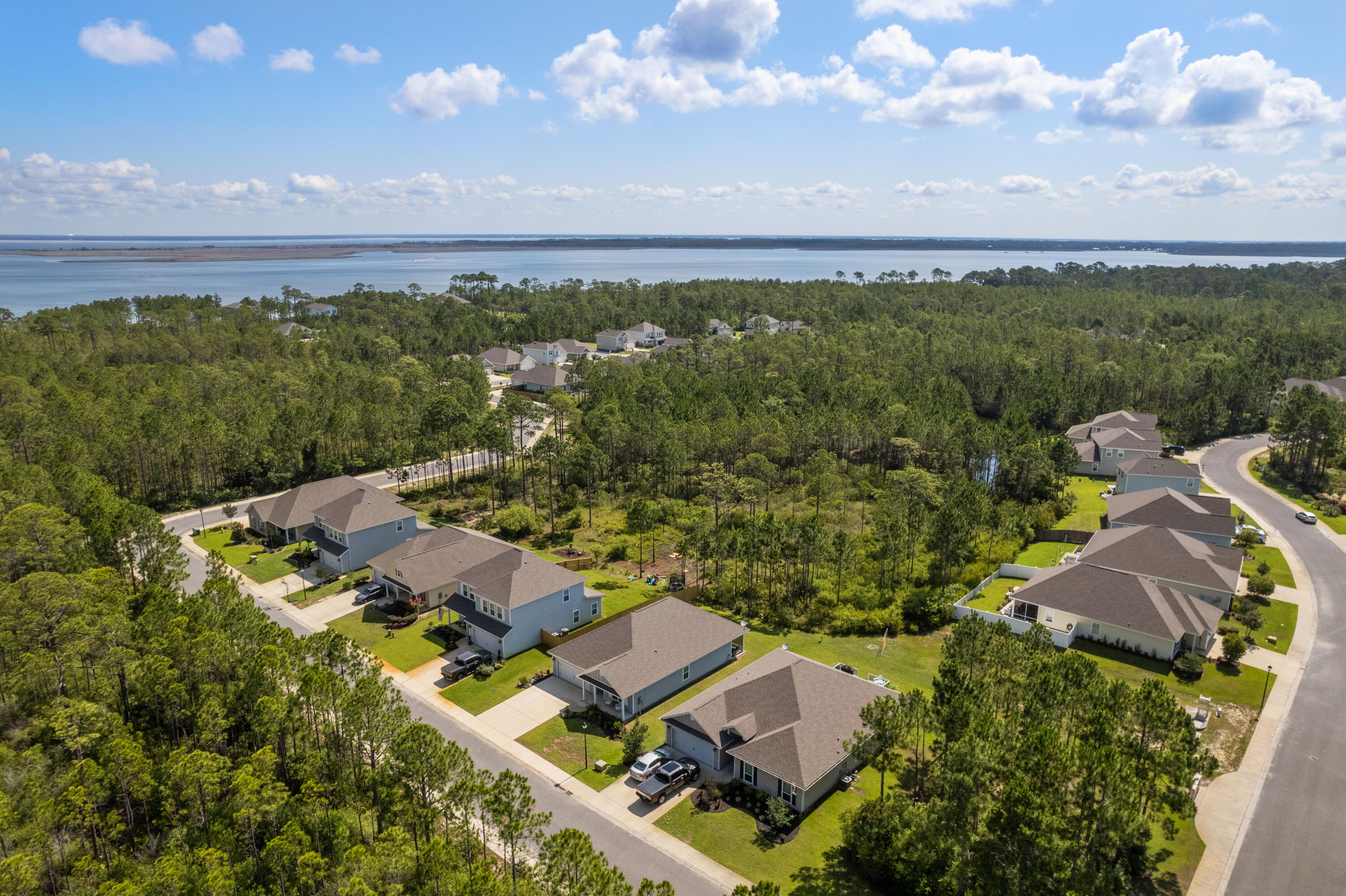 Aerial view of homes amid pine forest, with a broad bay beyond the neighborhood.