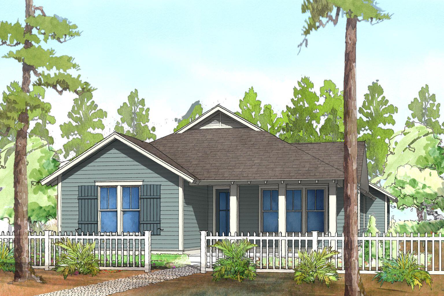 Architectural rendering of a blue-gray single-story home behind a white picket fence and garden path.