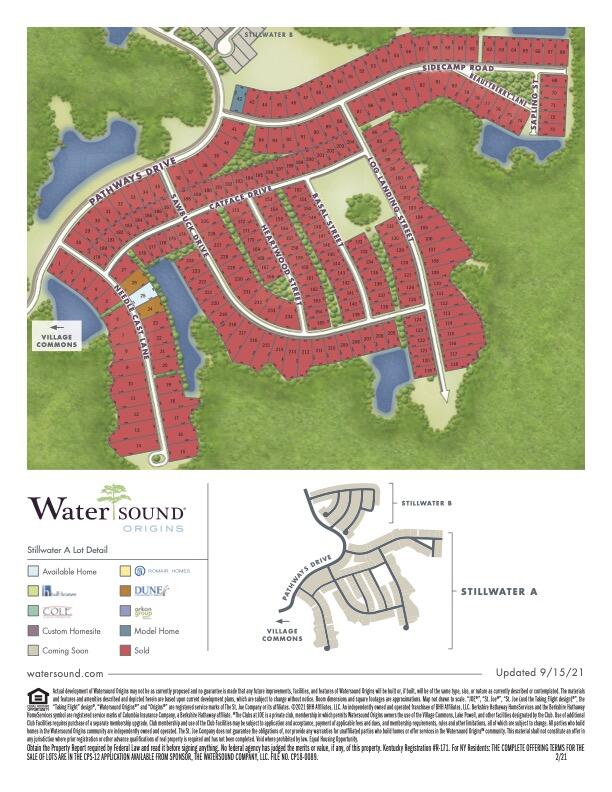 WaterSound Origins subdivision map with color-coded lots, road names, ponds, and a Stillwater inset.