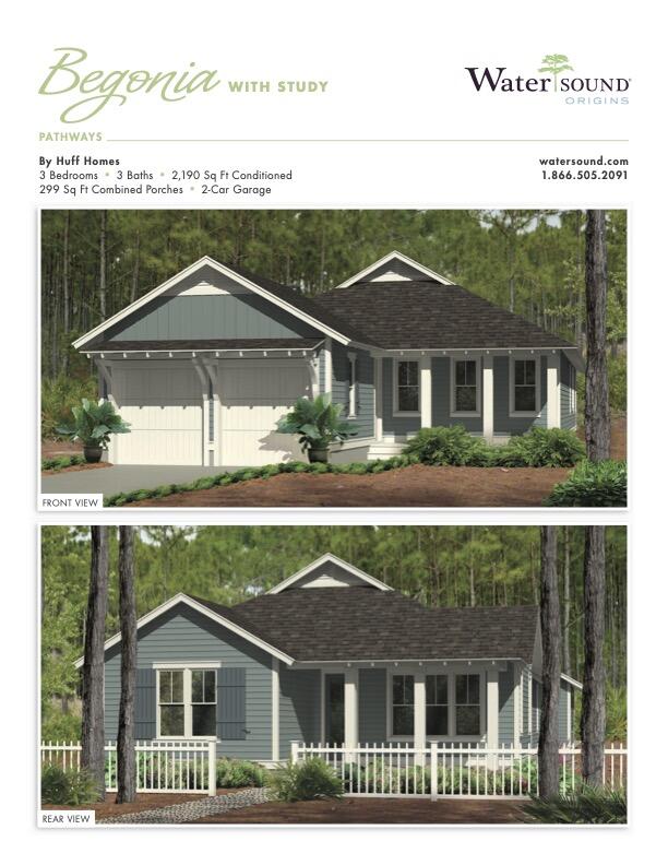 Begonia home exterior renderings, front and rear views of a blue-gray house with a two-car garage and white fencing.
