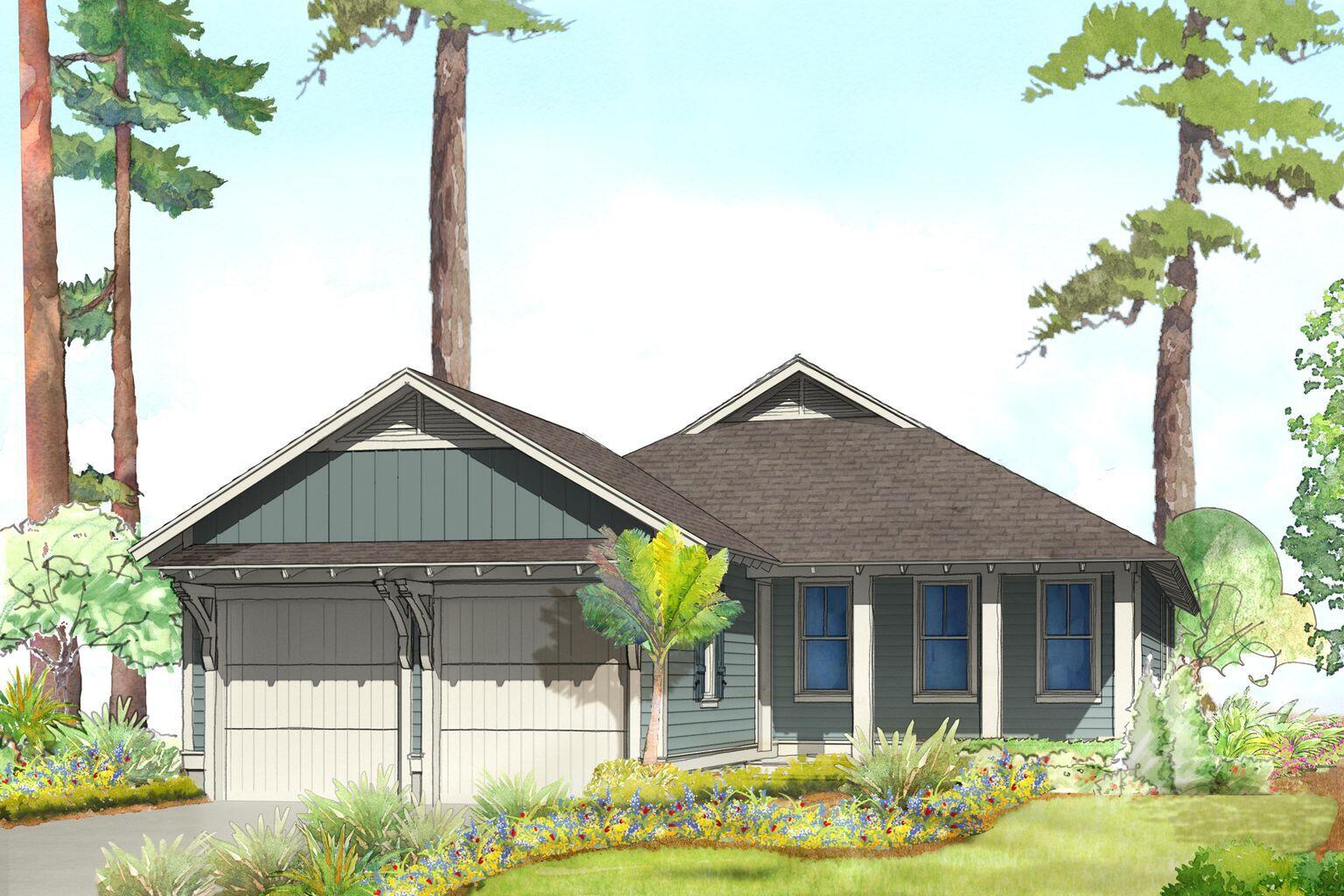 Architectural rendering of a gray-green house with a two-car garage and landscaped flower beds.