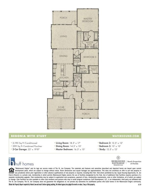 Begonia floor plan with study, three bedrooms, two-car garage, and porches.