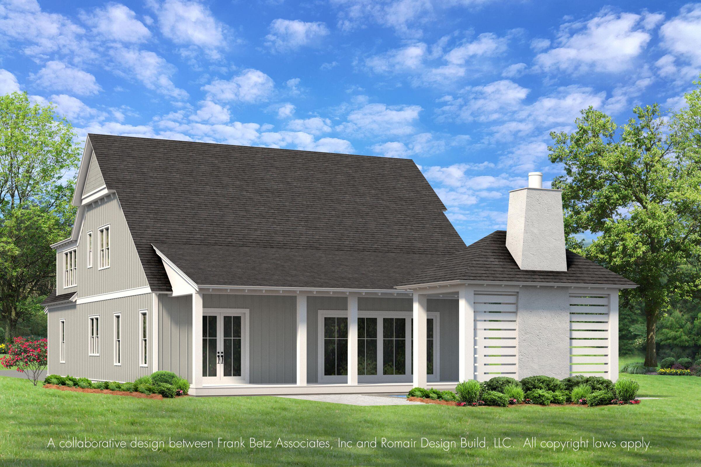 Architectural rendering of a gray two-story home with a steep roof, covered porch, and white chimney.