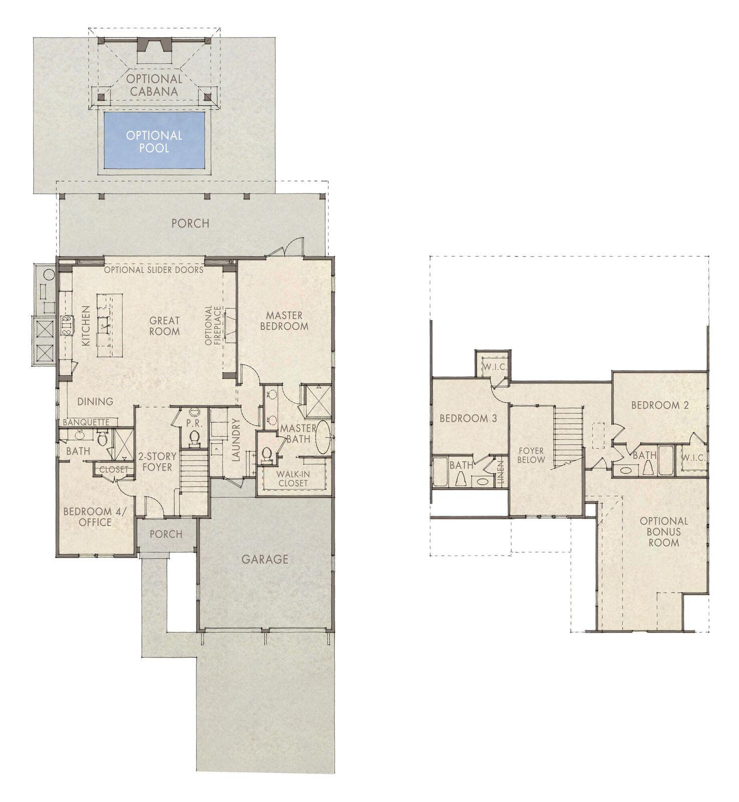 Two-story house floor plan with a first-floor master suite, garage, and optional pool and bonus room.