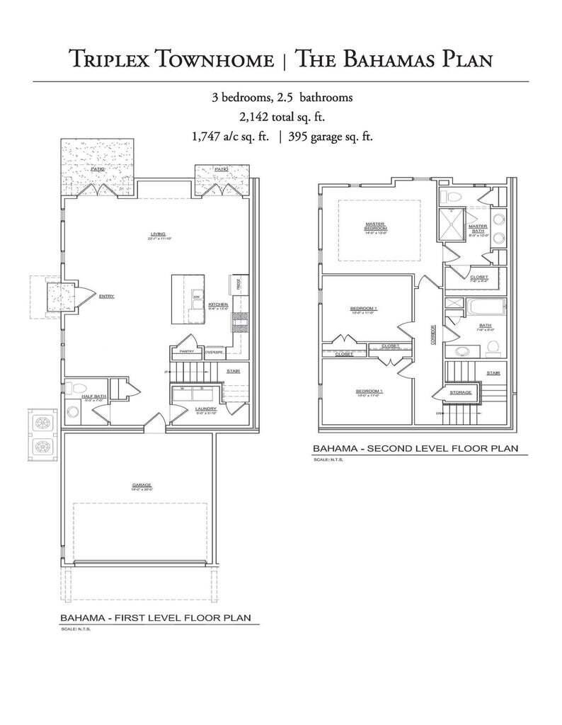Bahamas triplex townhome floor plan showing two levels, three bedrooms, 2.5 bathrooms, and a garage.