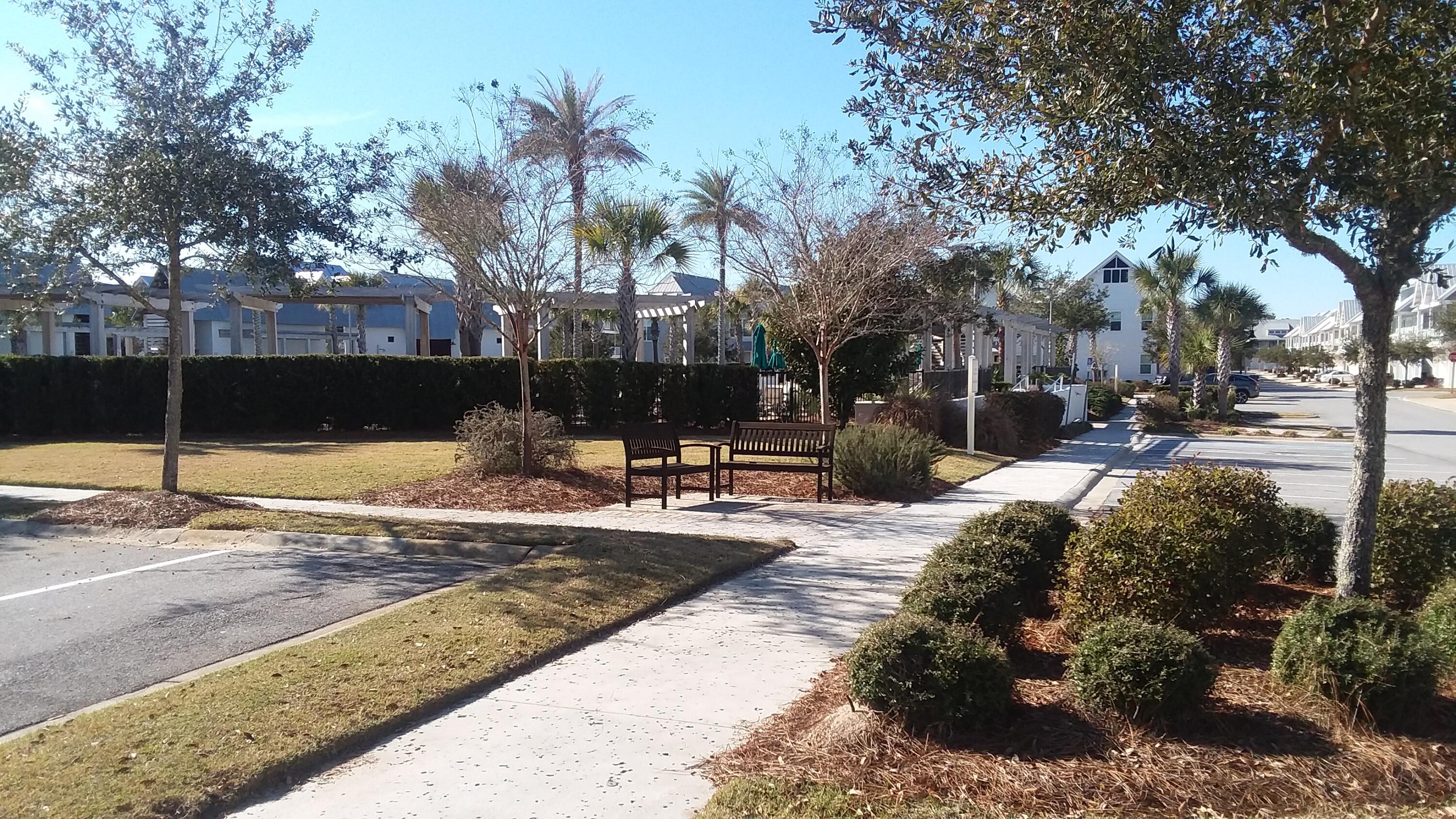 Residential streetscape with sidewalk benches, palm trees, and white townhomes.