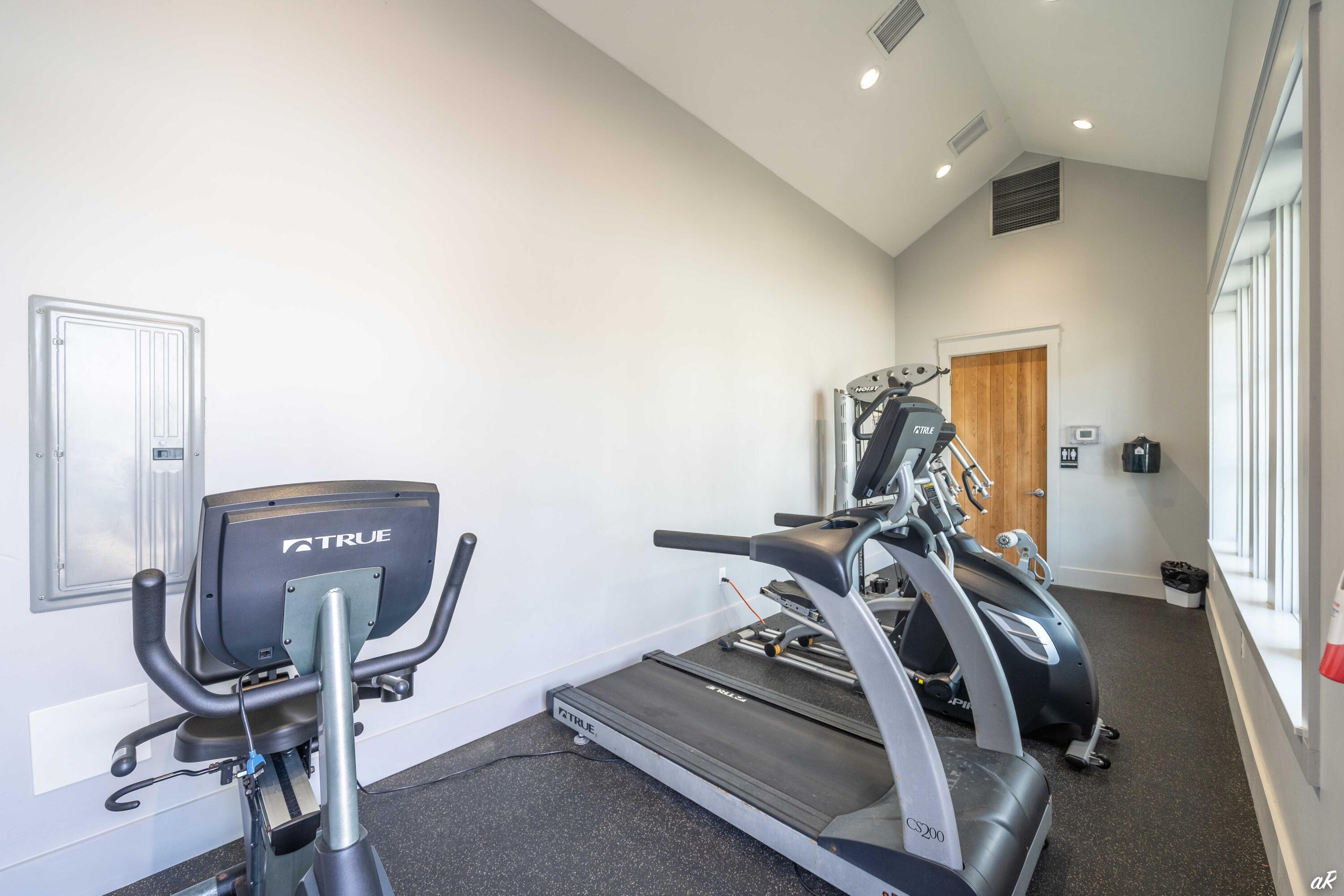 Fitness room with treadmills and exercise machines beside tall windows.