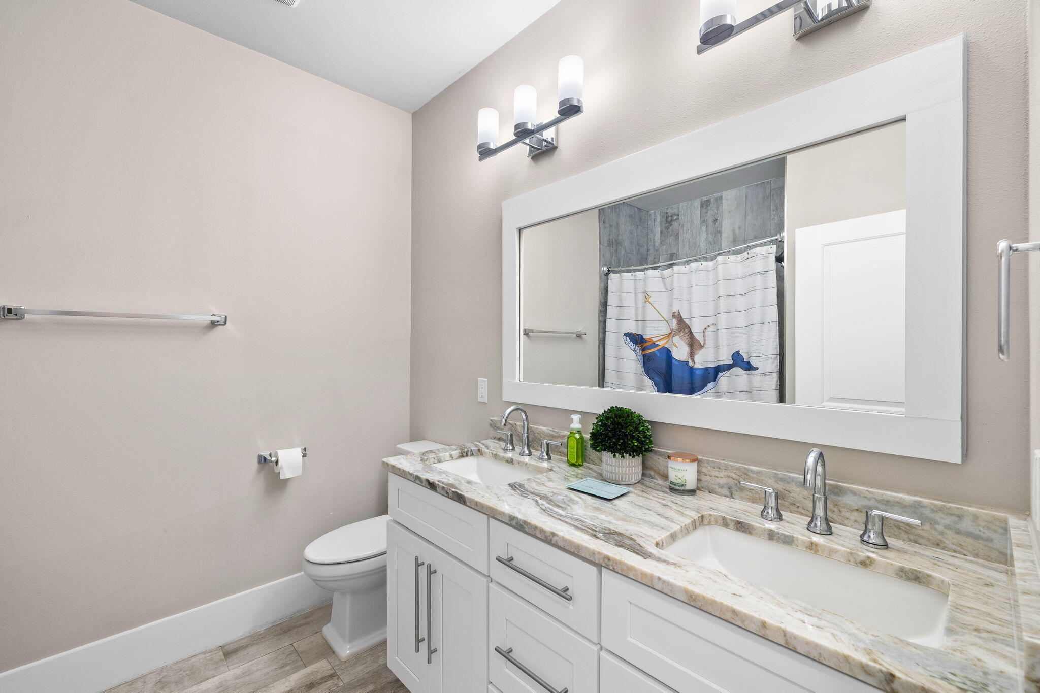 Bathroom with a white double vanity, veined countertop, and large framed mirror.