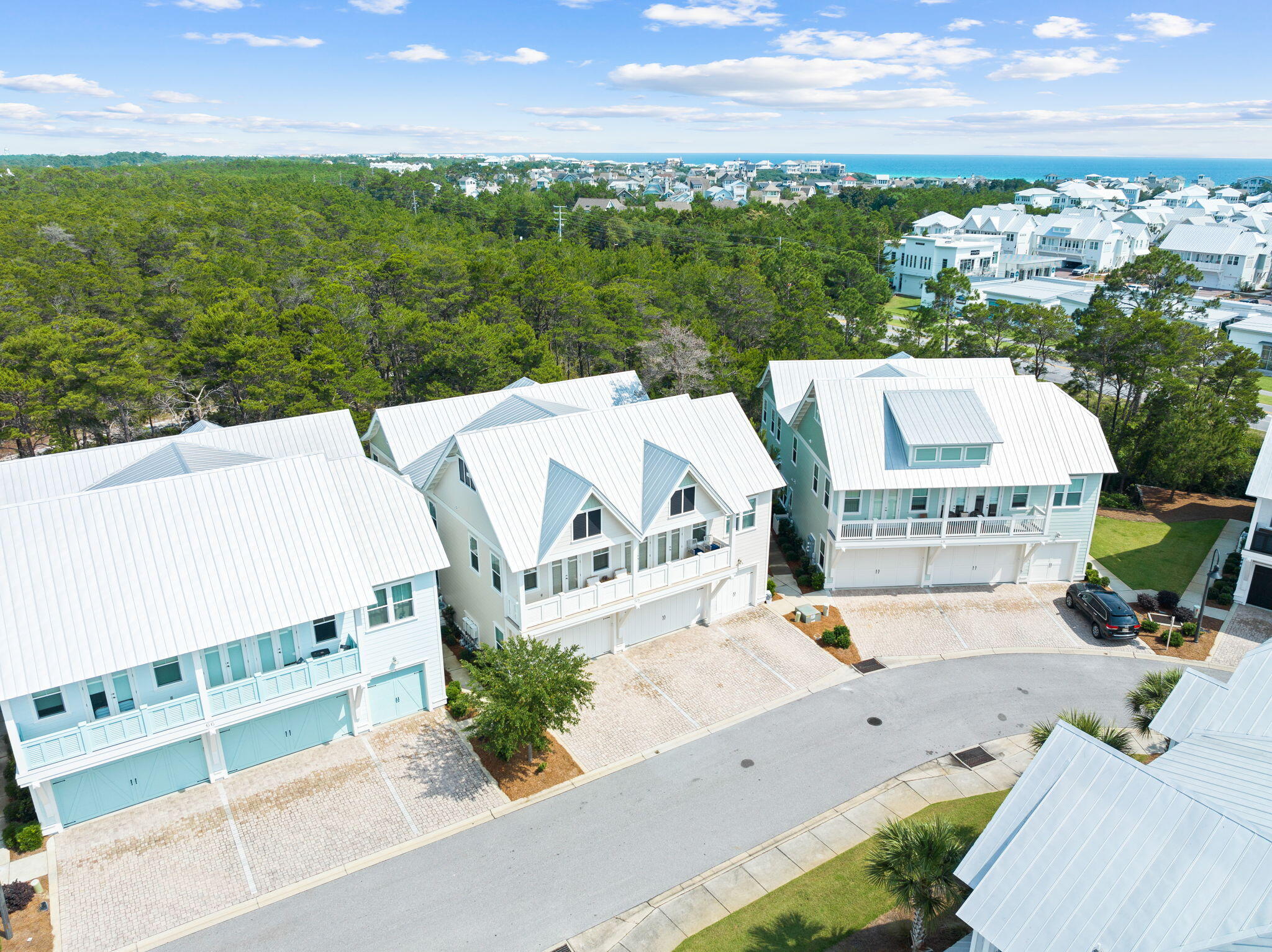 Aerial view of coastal homes with white metal roofs, pine forest, and the Gulf on the horizon.