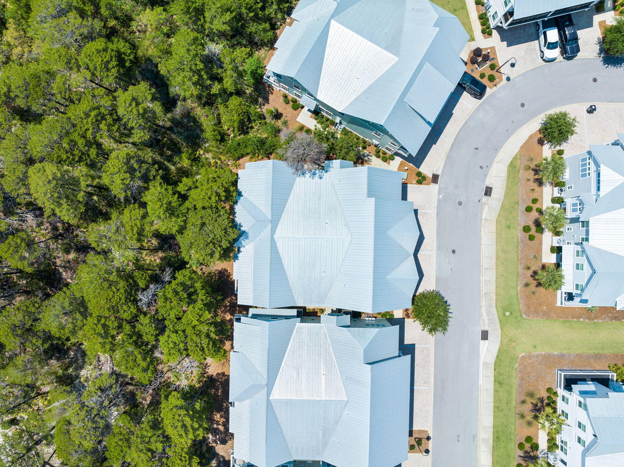 Aerial view of light-roofed homes beside a curved street and dense trees.