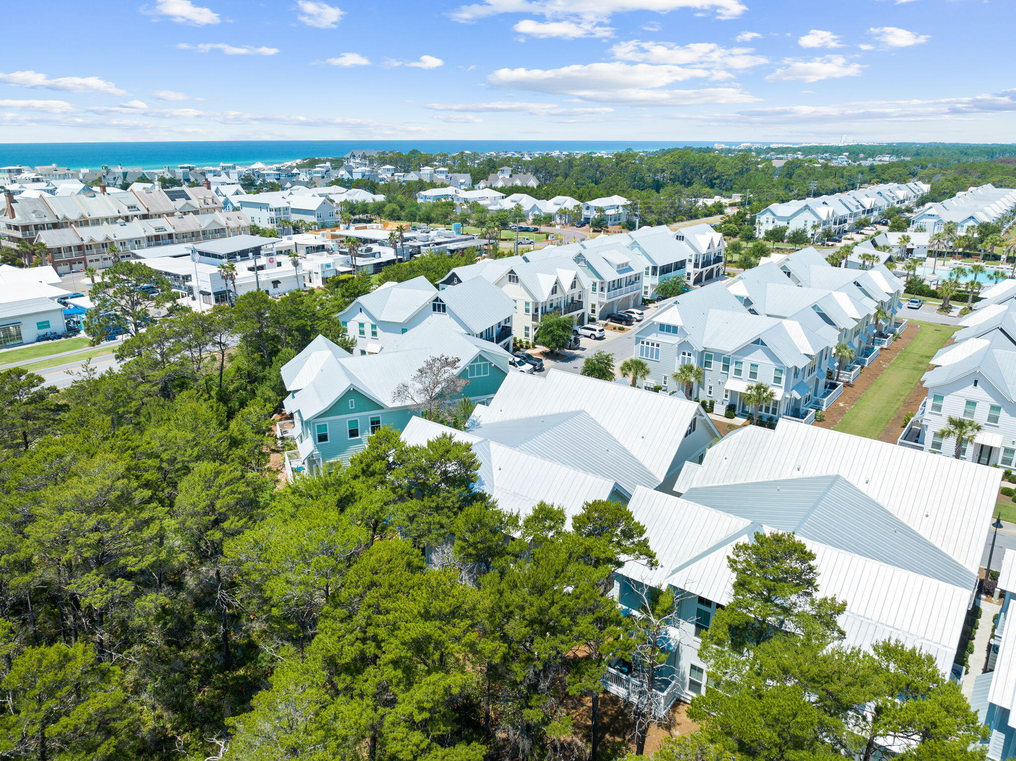 Aerial view of coastal homes with white roofs, tree cover, and ocean beyond